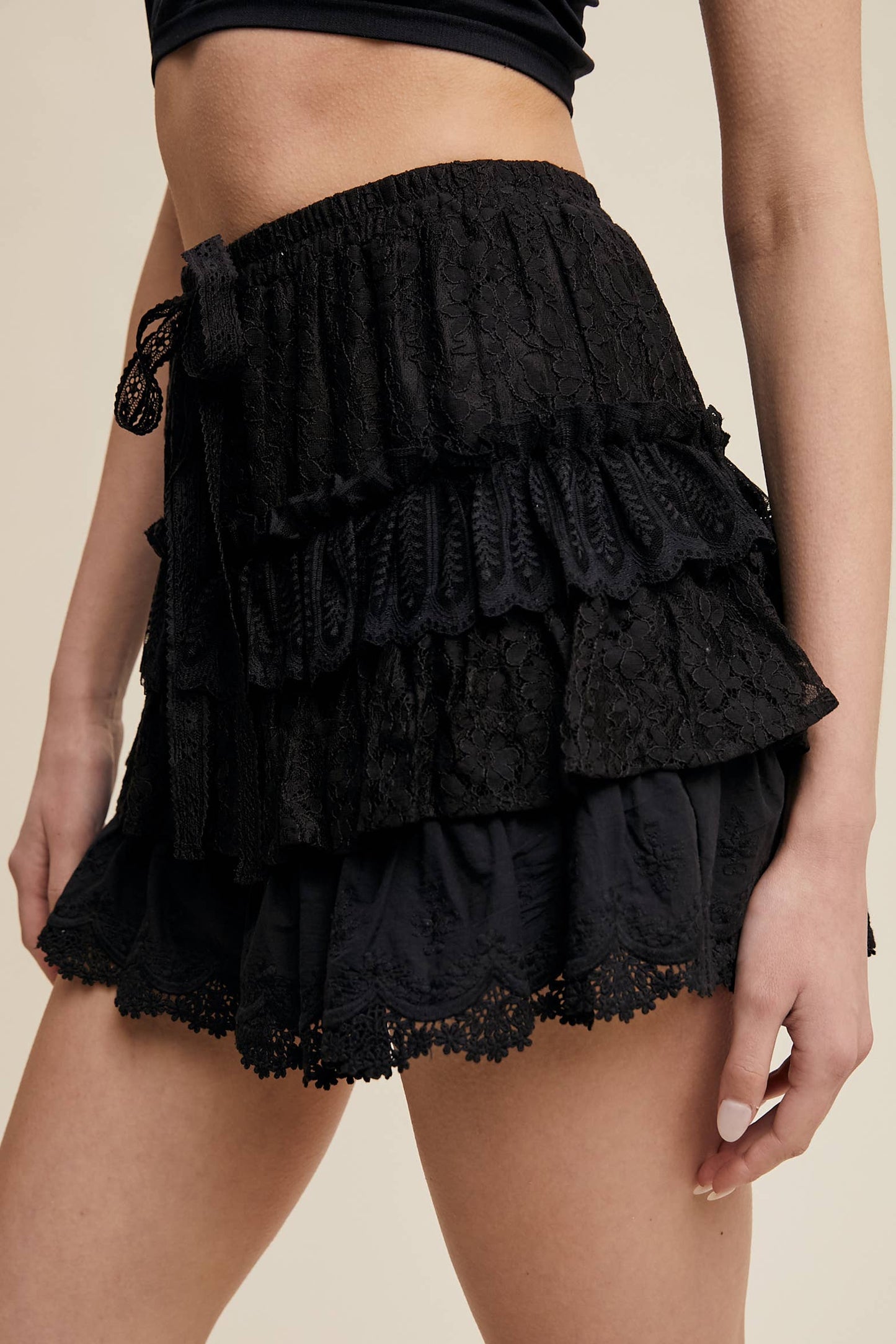 A New Arrival                   Lace Tiered Shorts with Ruffle Details: Cream