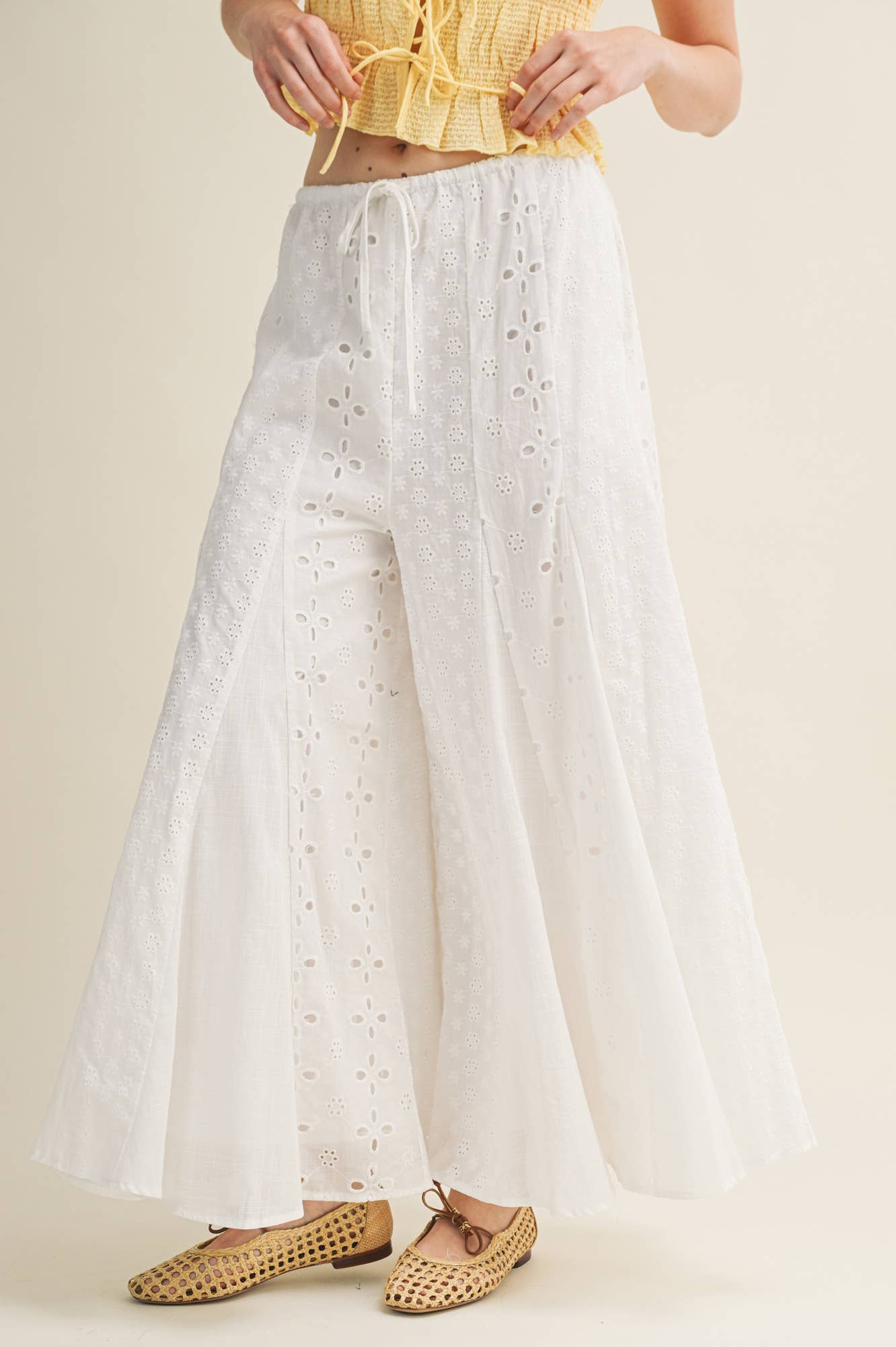 A New Arrival MIXED EYELET FLARE PANTS: White