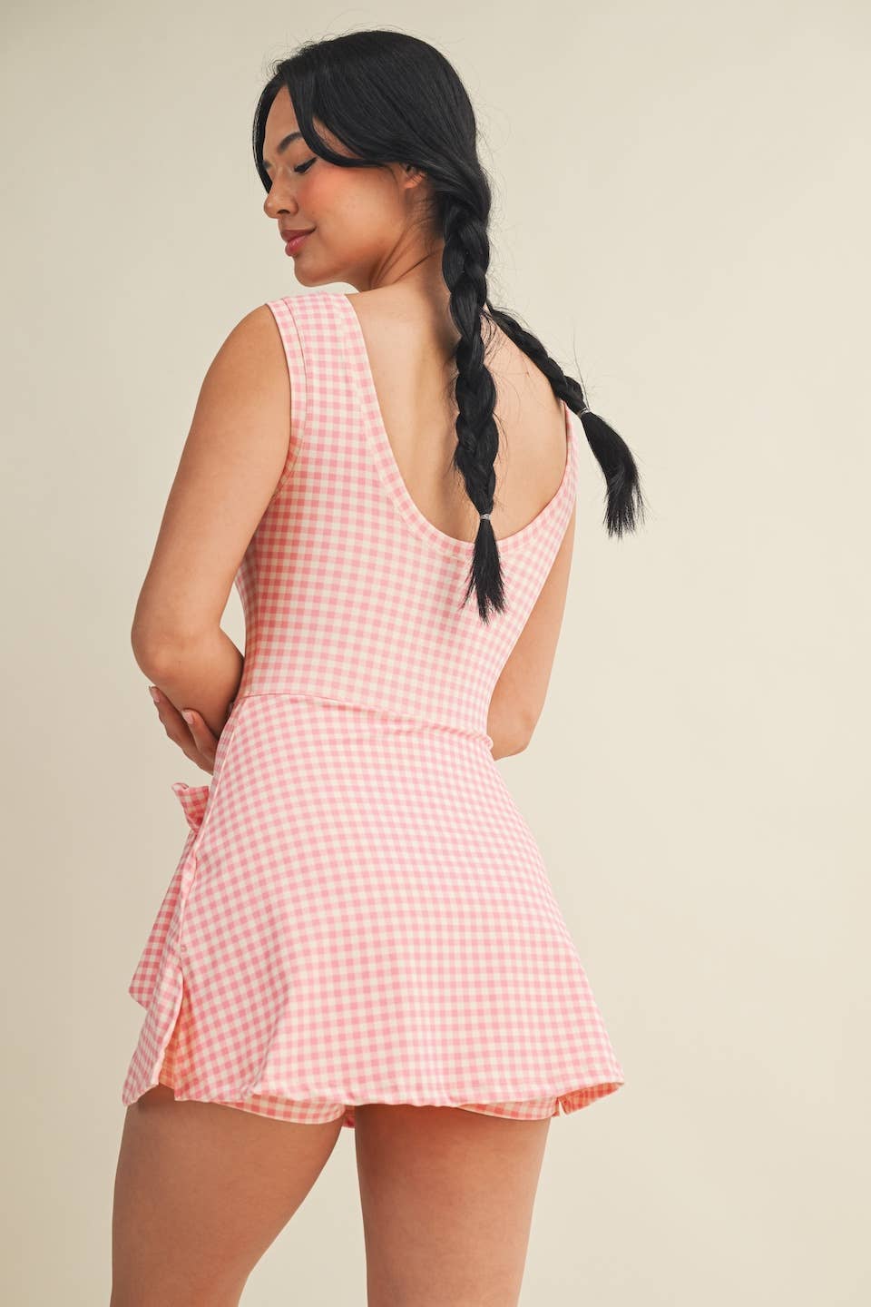 A New Arrival Gingham Print Sleeveless Wrap Tie Front Dress : Pink Gingham