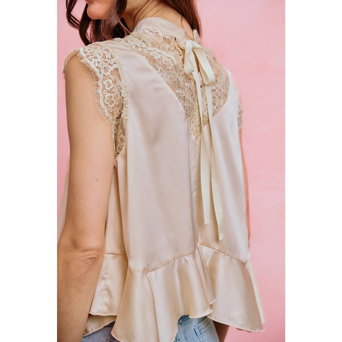 A New Arrival SATIN MOCK NECK LACE TRIM PEPLUM BLOUSE TOP: CREAM