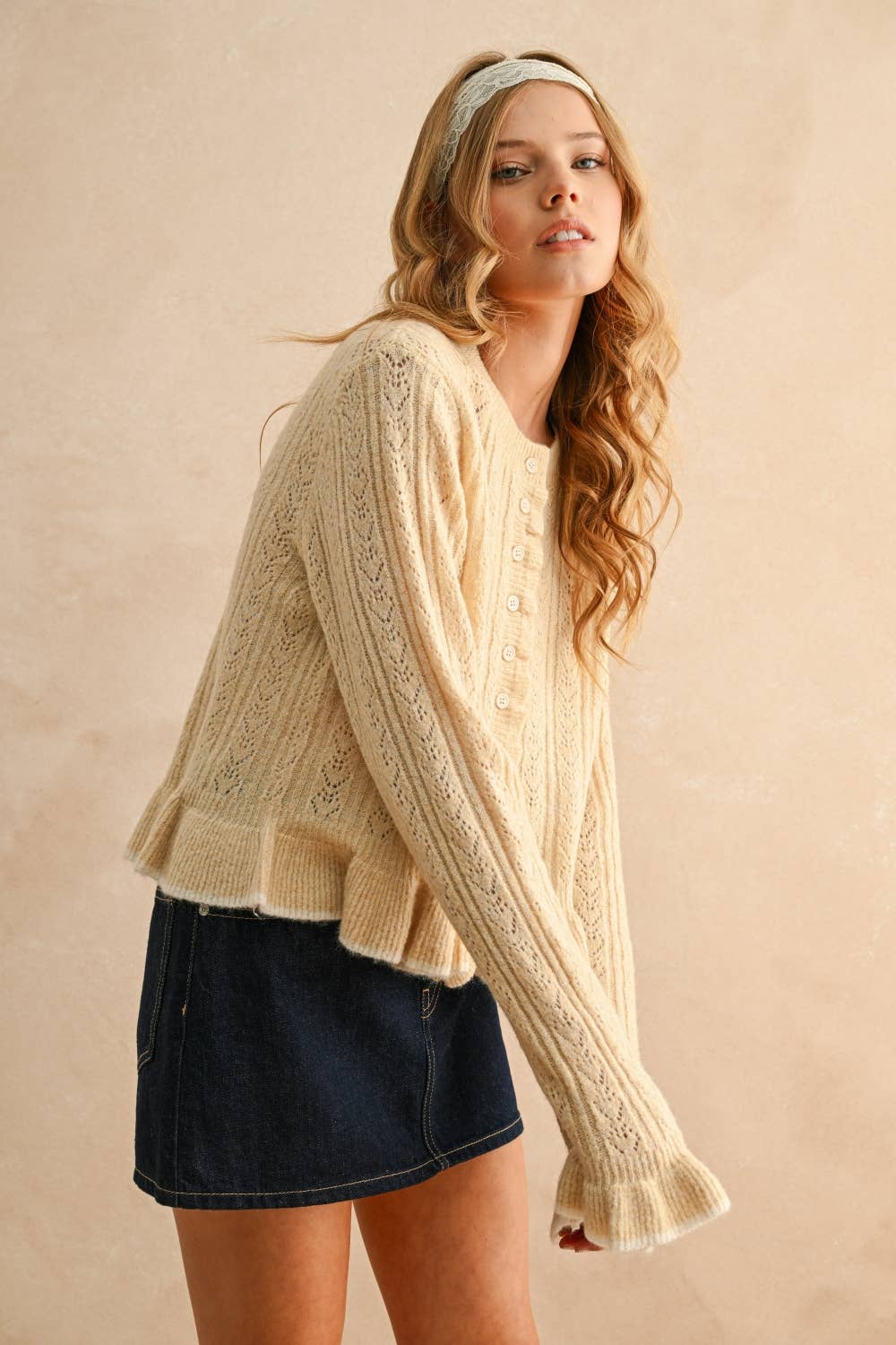 A New Arrival BUTTON FRONT RUFFLED DETAIL SWEATER CARDIGAN: BUTTER