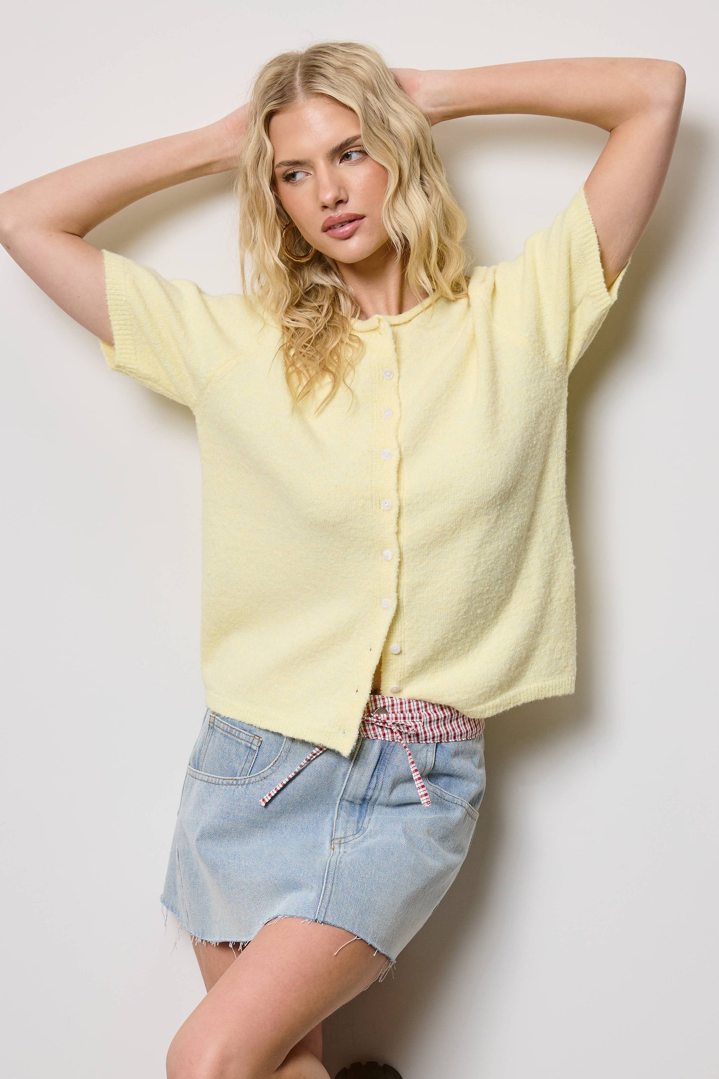 A New Arrival Short Sleeve Button Down Cardigan Top: Butter
