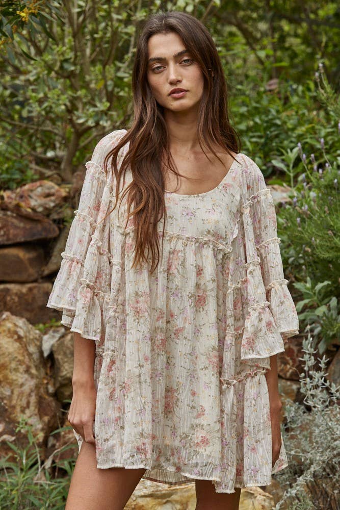 A New Arrival                Woven Polyester Chiffon Floral Flare Mini Dress: Cream Multi