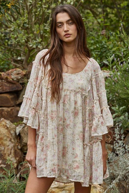 A New Arrival                Woven Polyester Chiffon Floral Flare Mini Dress: Cream Multi