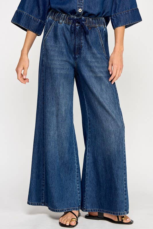 DRAWSTRING WIDE DENIM PANTS: Denim Blue