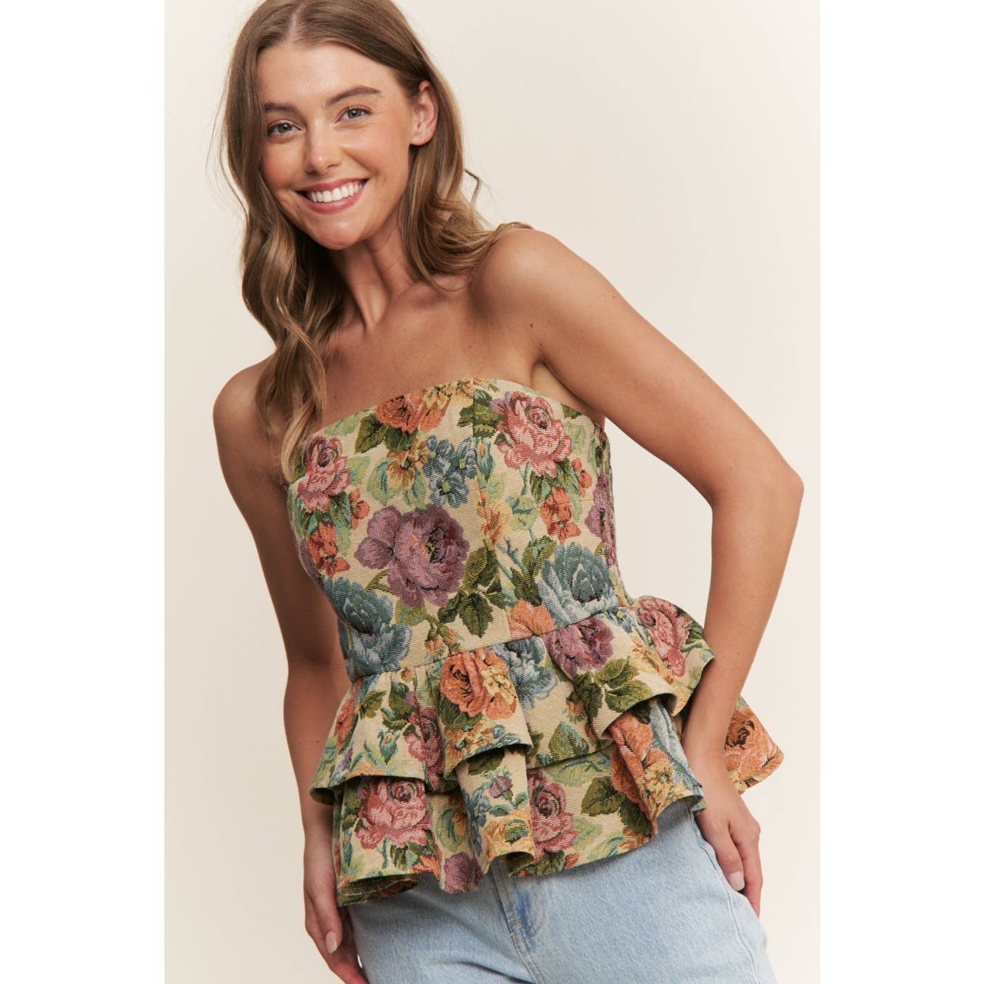 A New Arrival VINTAGE FLORAL PRINT WOVEN PEPLUM TIERED TUBE TOP: Blossom
