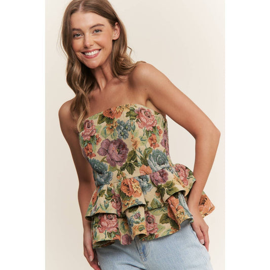 A New Arrival VINTAGE FLORAL PRINT WOVEN PEPLUM TIERED TUBE TOP: Blossom