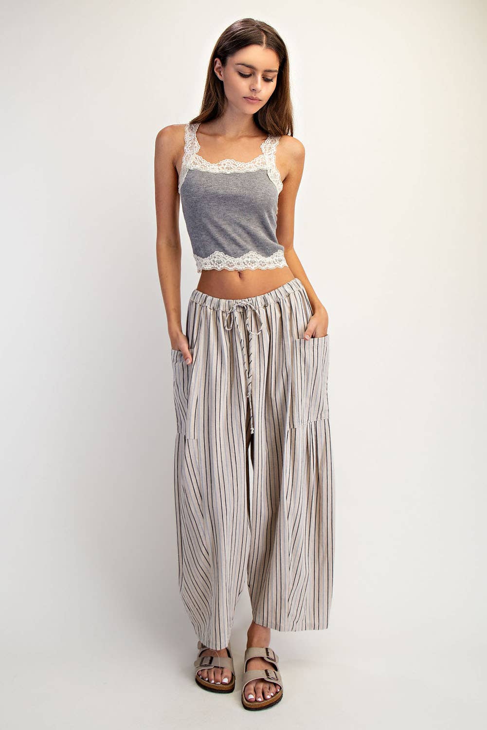 A New Arrival WIDE STRIPE LEG PANTS: Natural Combo