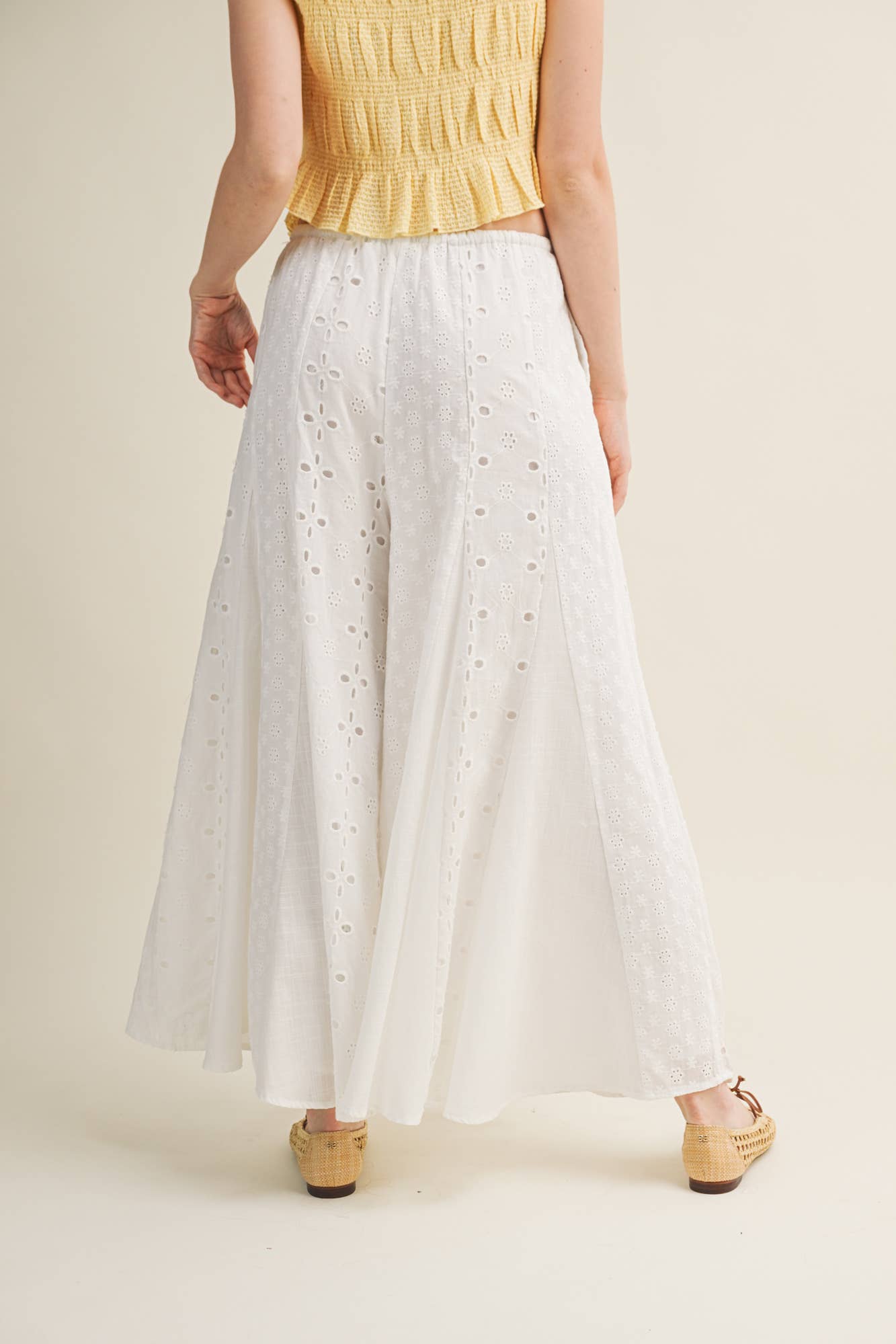 A New Arrival MIXED EYELET FLARE PANTS: White