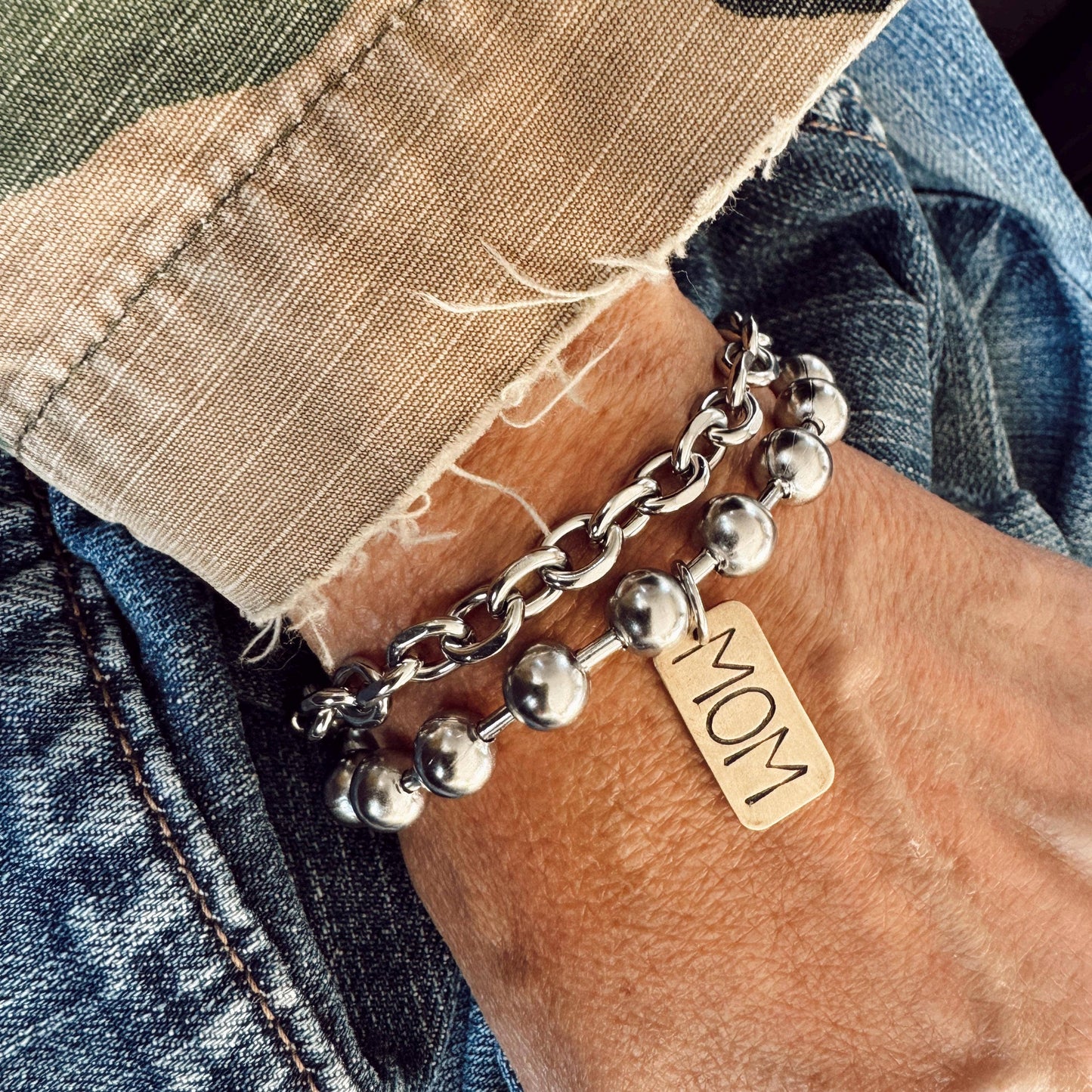 Hand Stamped MOM Brass Tag Bracelet: 8"