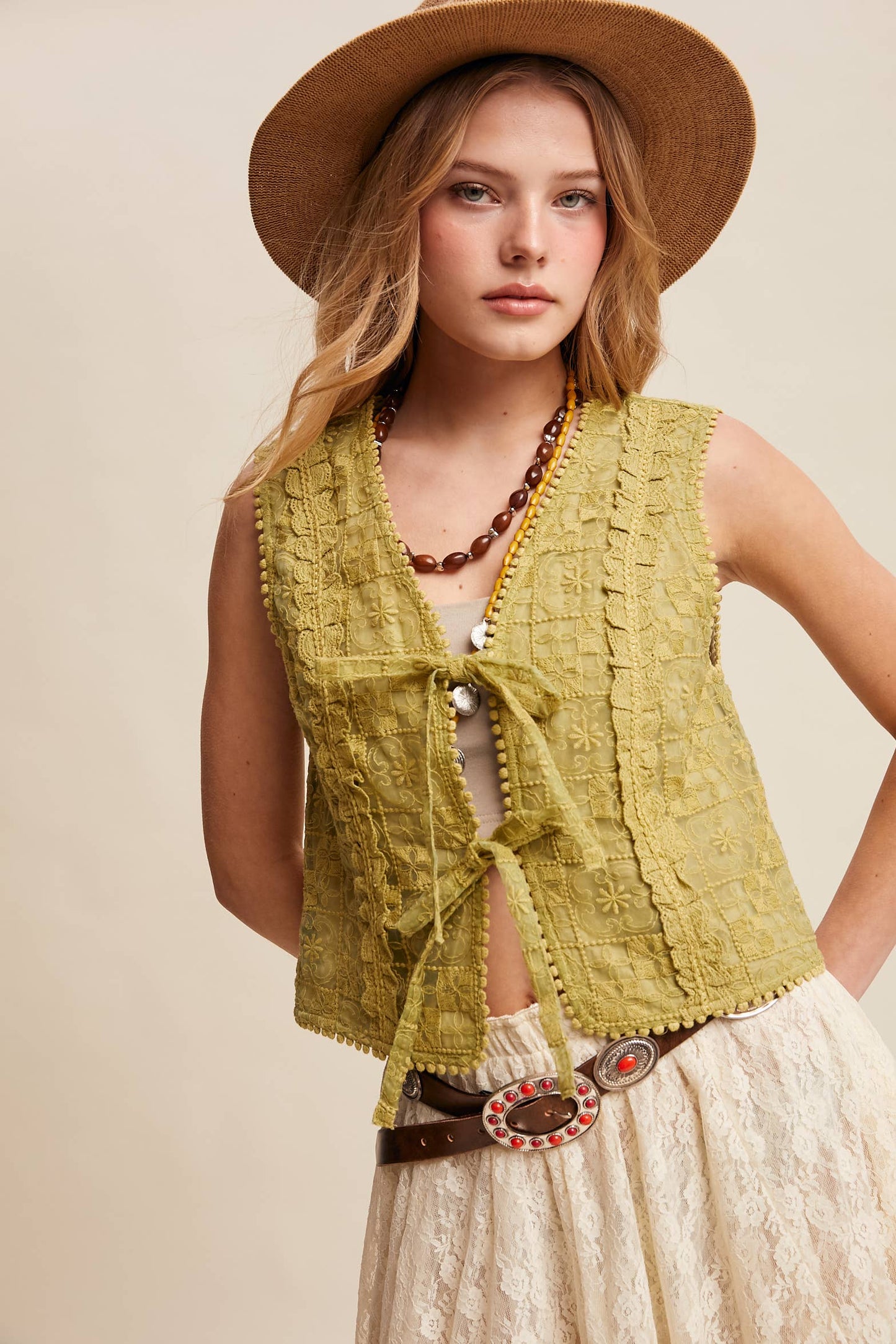 A New Arrival Embroidered Lace Tie-Front : Ecru