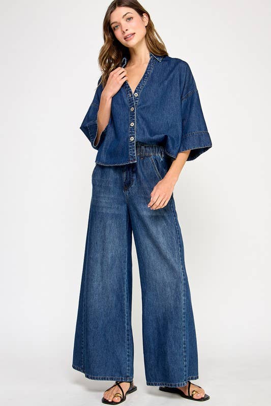 DRAWSTRING WIDE DENIM PANTS: Denim Blue
