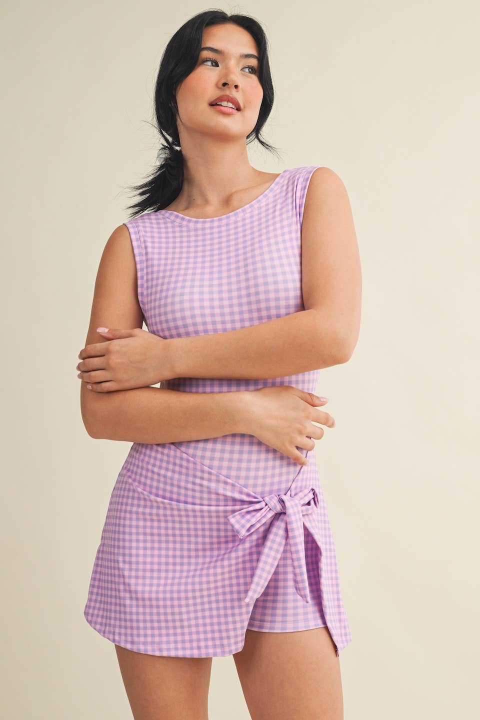 A New Arrival Gingham Print Sleeveless Wrap Tie Front Dress : Pink Gingham