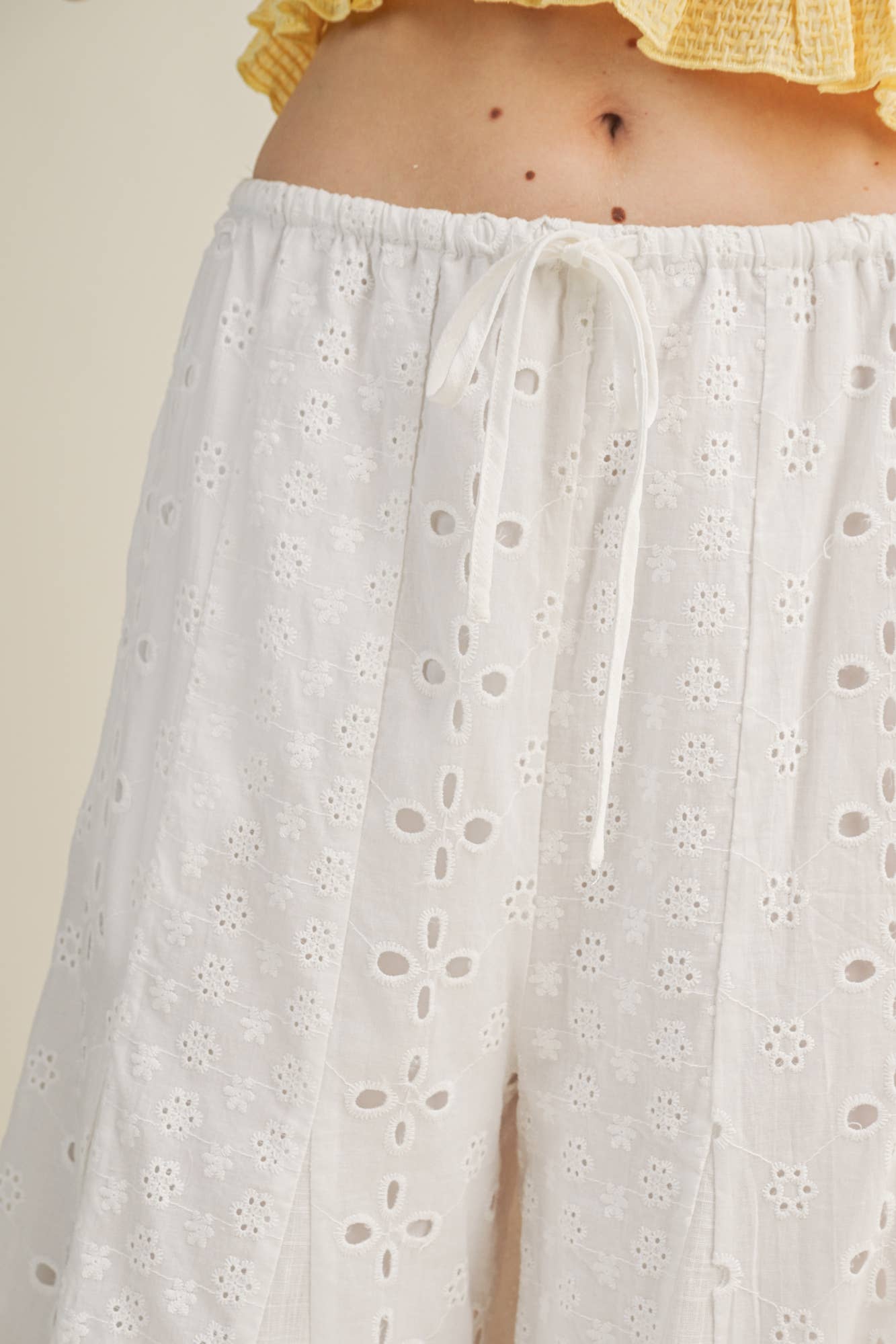 A New Arrival MIXED EYELET FLARE PANTS: White