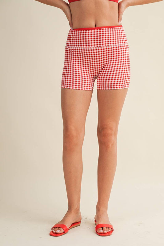 A New Arrival Gingham Print Contrast Binding Biker Shorts: Red Gingham