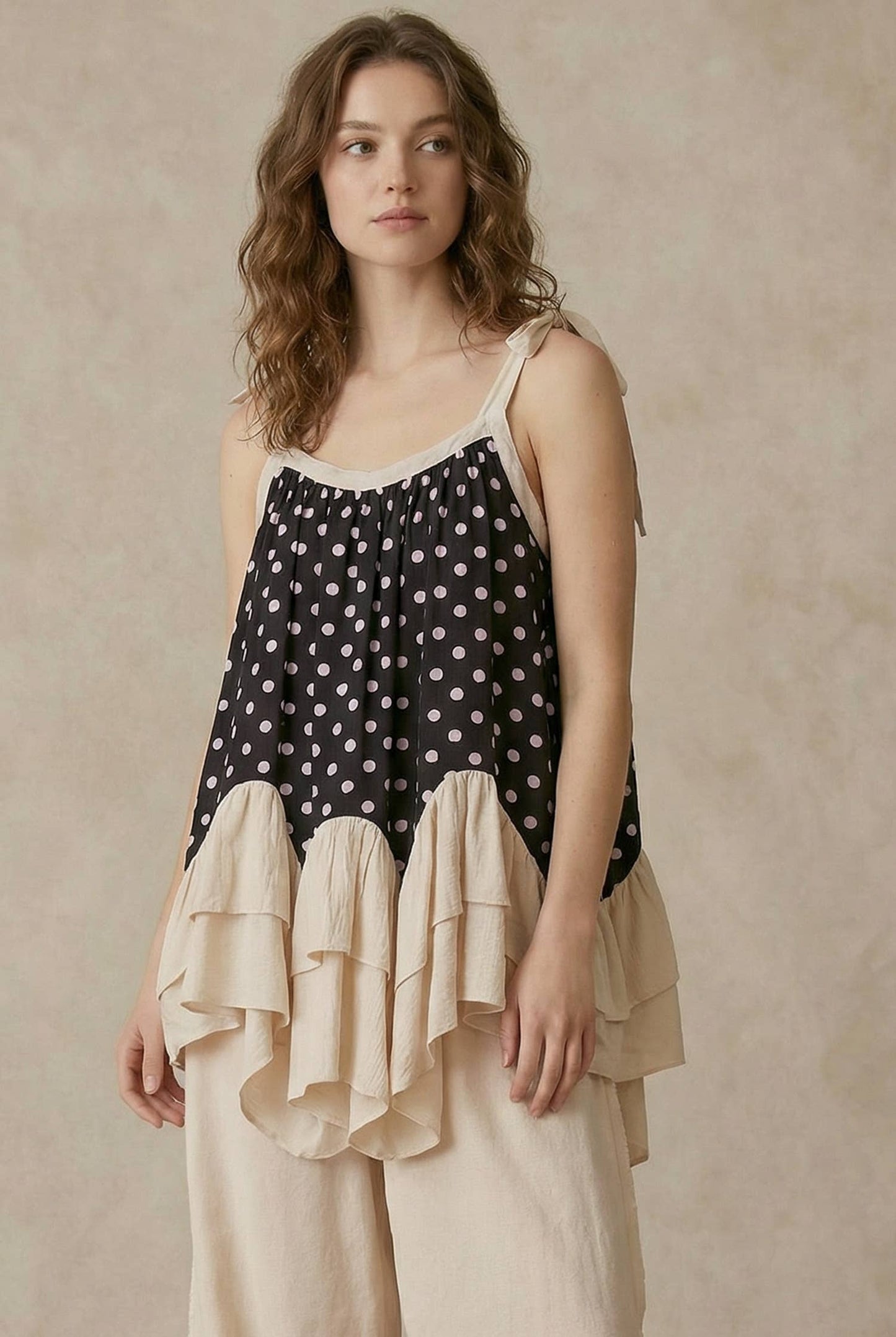 A New Arrival Polka Dot  Layered Tunic: Black