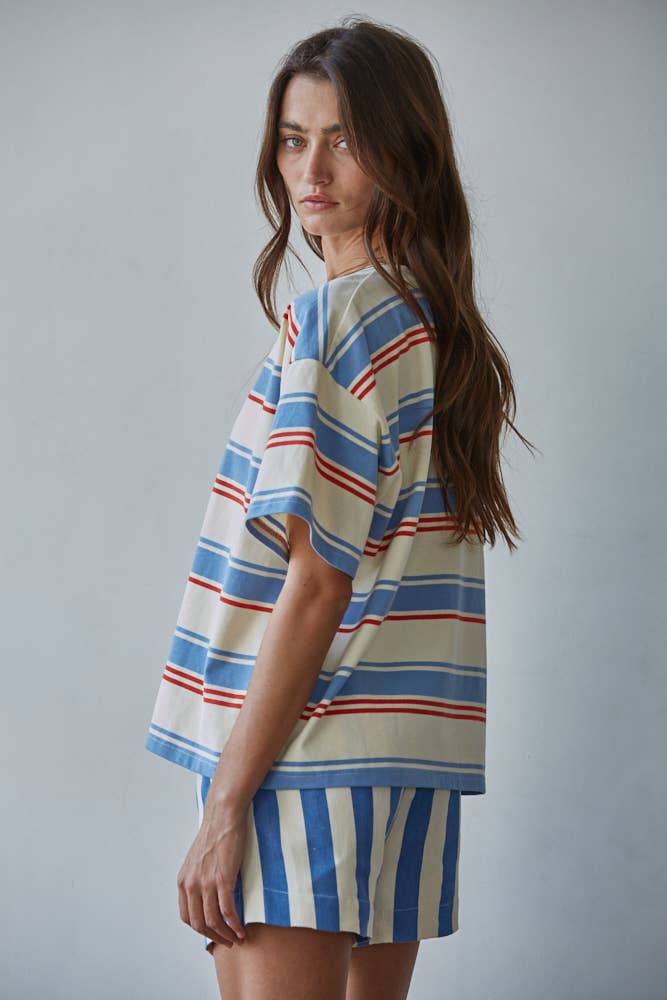 A New Arrival.                     Knit Cotton Multi Striped Short Sleeve Top: Cream Blue