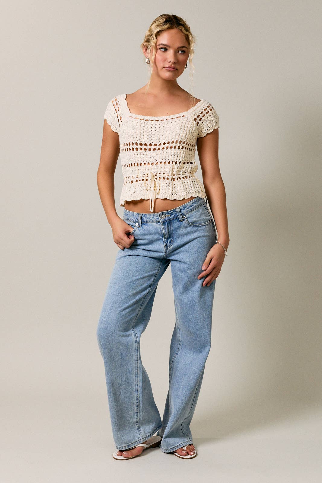 A New Arrival: SQUARE NECK WAIST TIE CROCHET SLEEVELESS TOP: CREAM