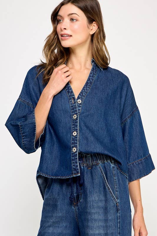 DENIM WIDE SLEEVE SHIRT: Denim Blue