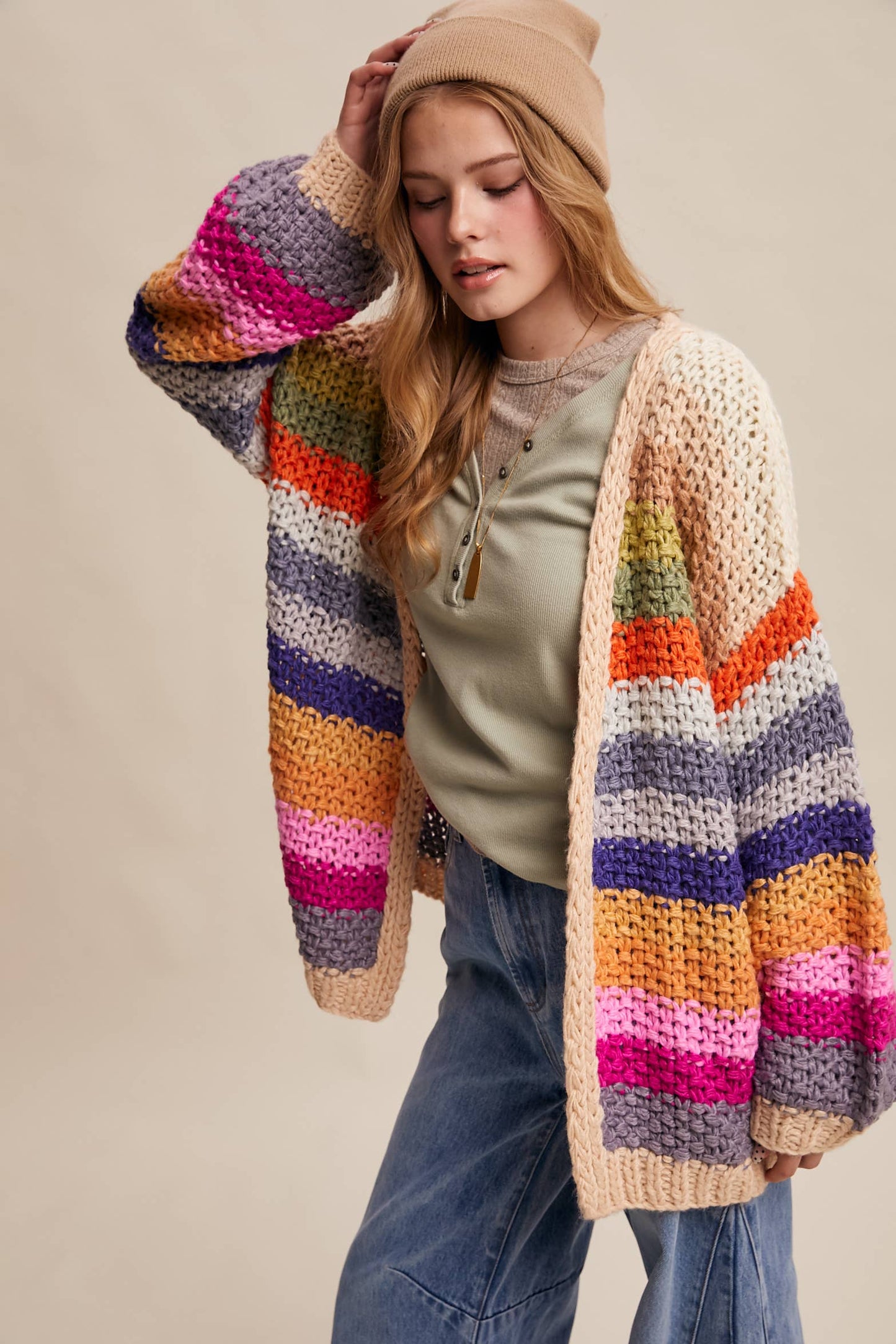Rainbow Hand-Crochet Open Cardigan: Cream Multi