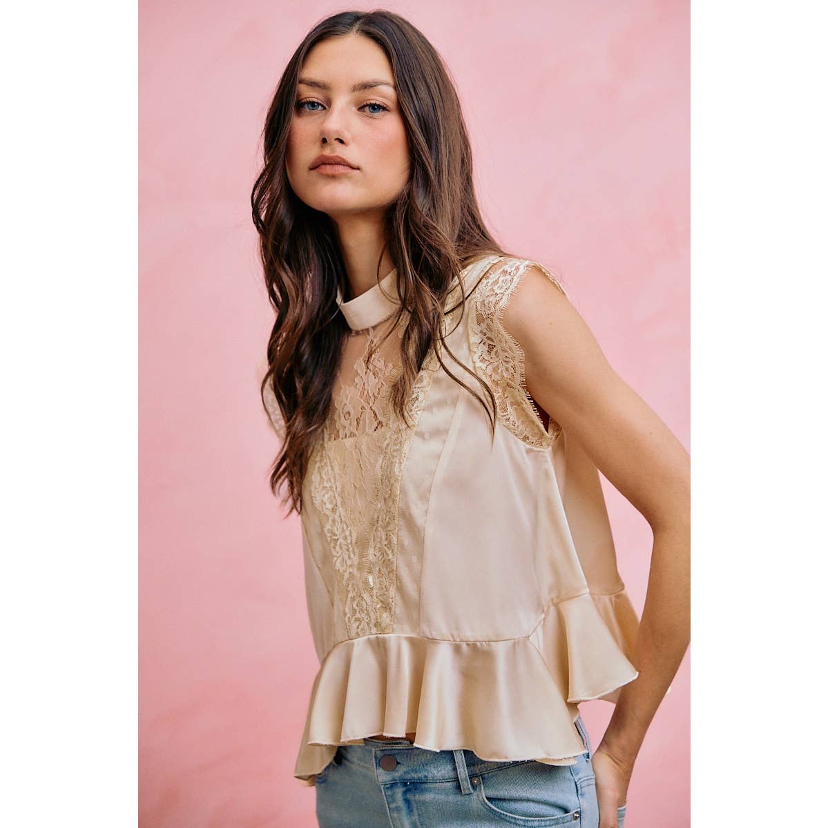 A New Arrival SATIN MOCK NECK LACE TRIM PEPLUM BLOUSE TOP: CREAM