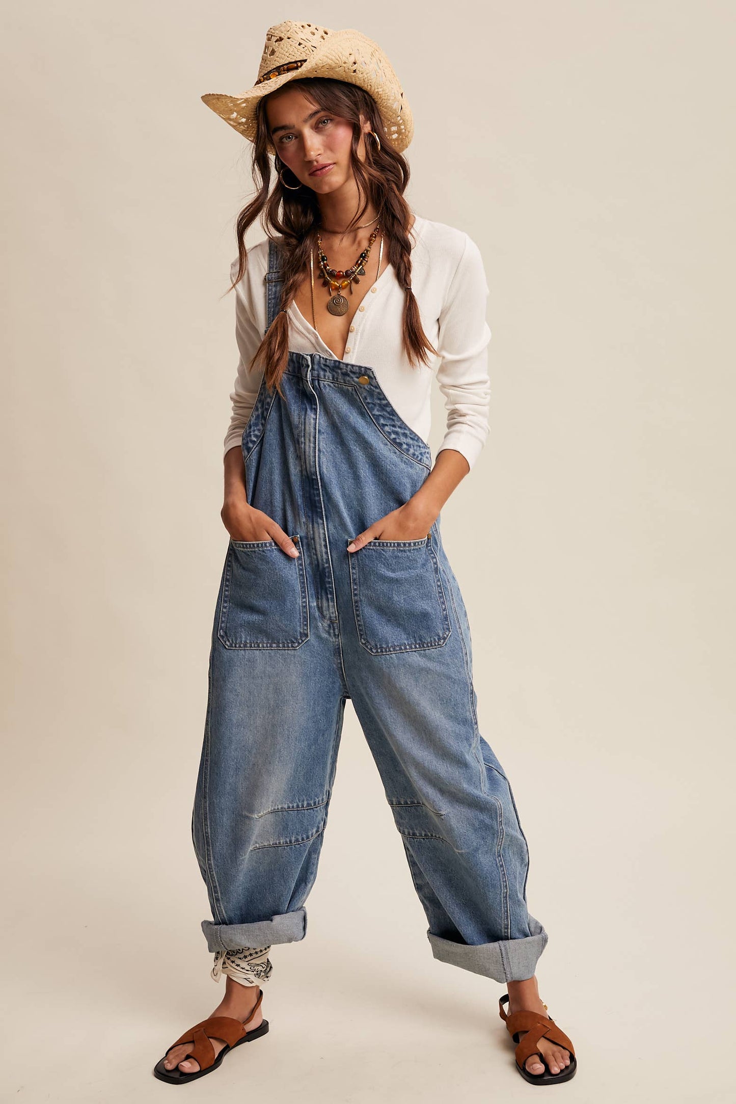 Western Wide-Leg Denim Overalls - Sunwashed Blue / Contemporary