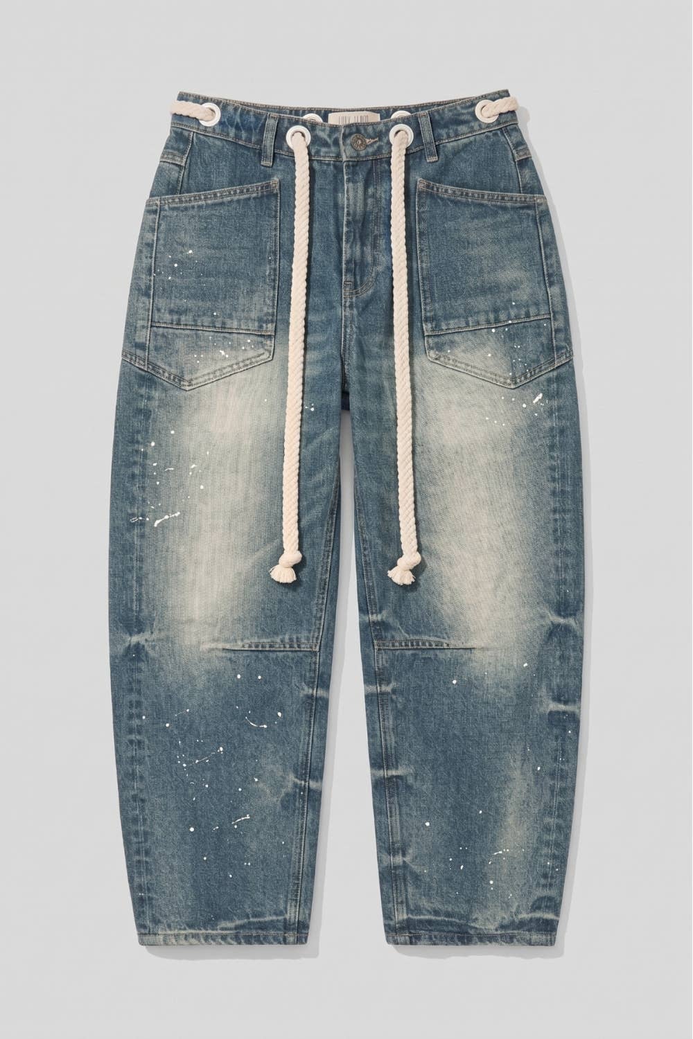 A New Arrival Paint Splatter Rope Tie Barrel Jeans: DARK DENIM