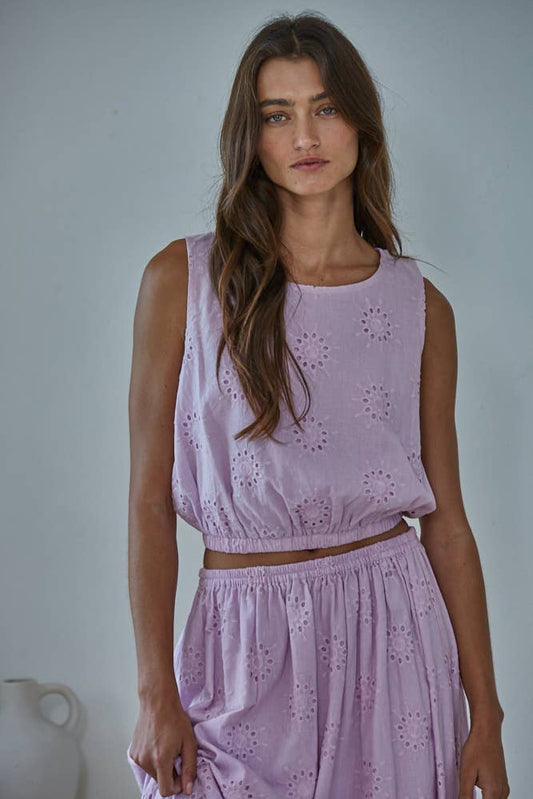 A New Arrival                   Woven Cotton Eyelet Round Neck Sleeveless Crop Top: Lavender