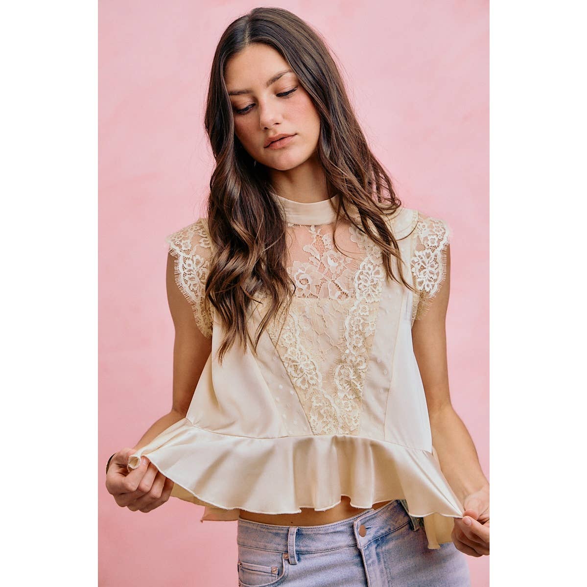 A New Arrival SATIN MOCK NECK LACE TRIM PEPLUM BLOUSE TOP: CREAM