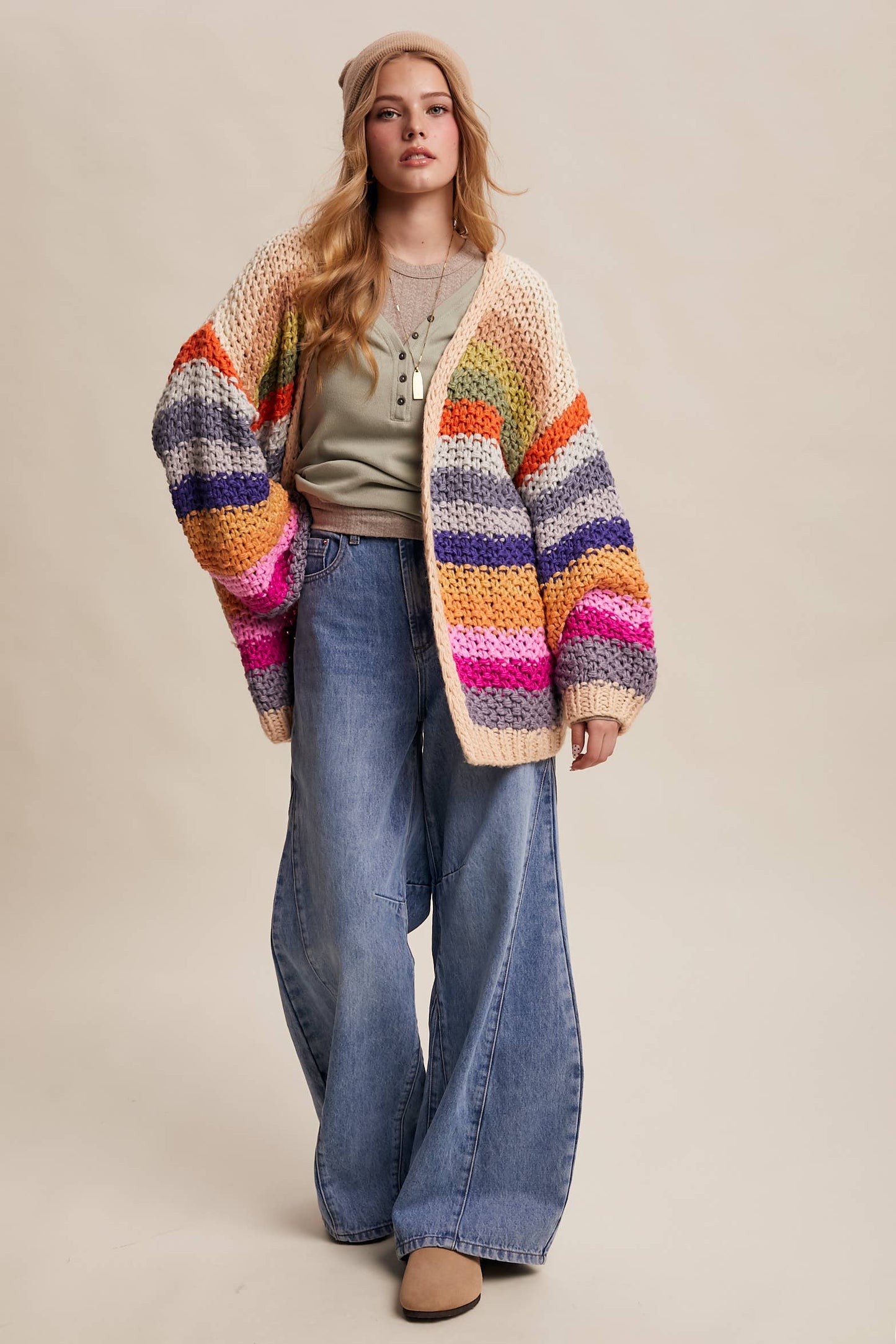 Rainbow Hand-Crochet Open Cardigan: Cream Multi