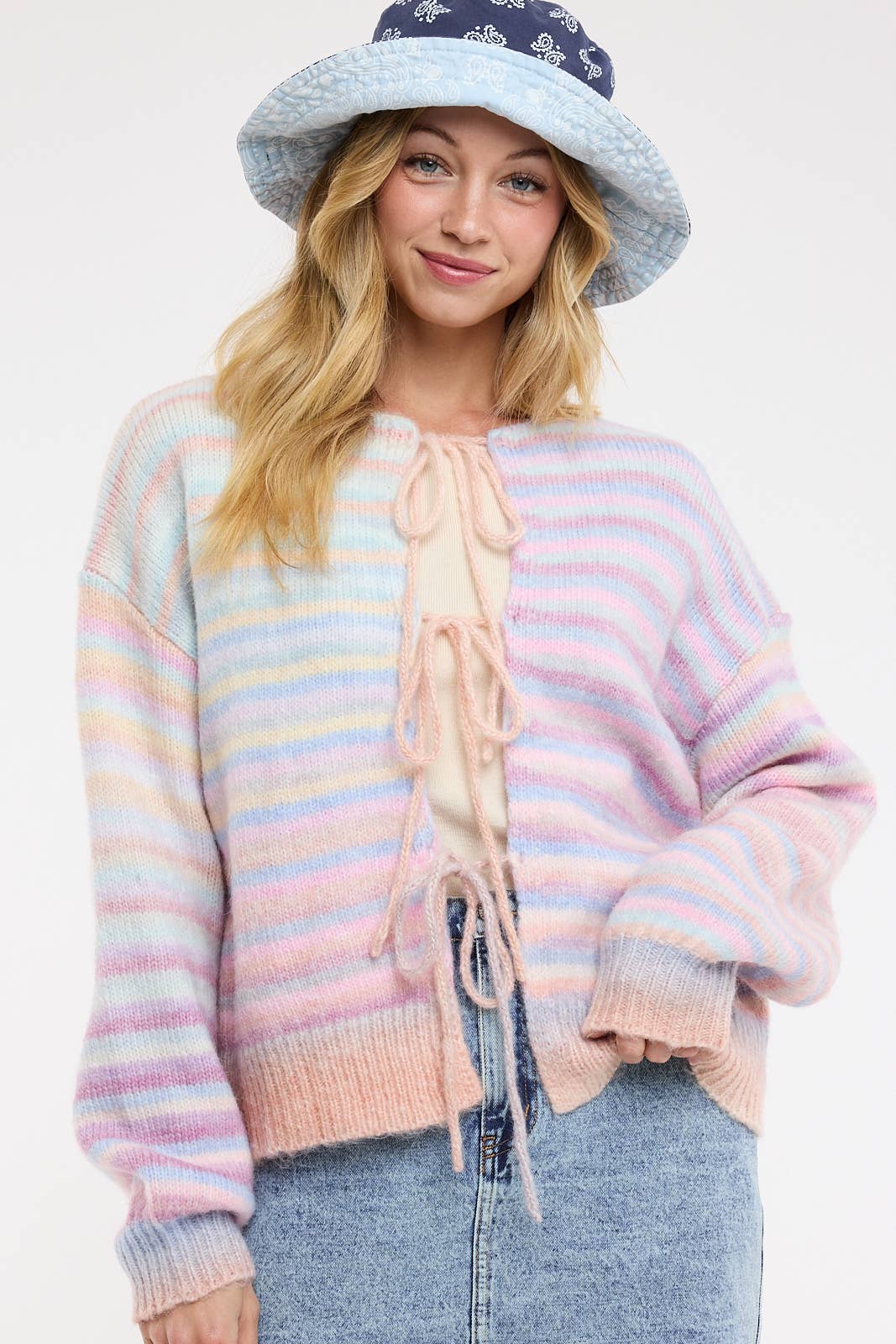 A New Arrival           RAINBOW FRONT TIE KNIT CARDIGAN BUBBLEGUM/MINT