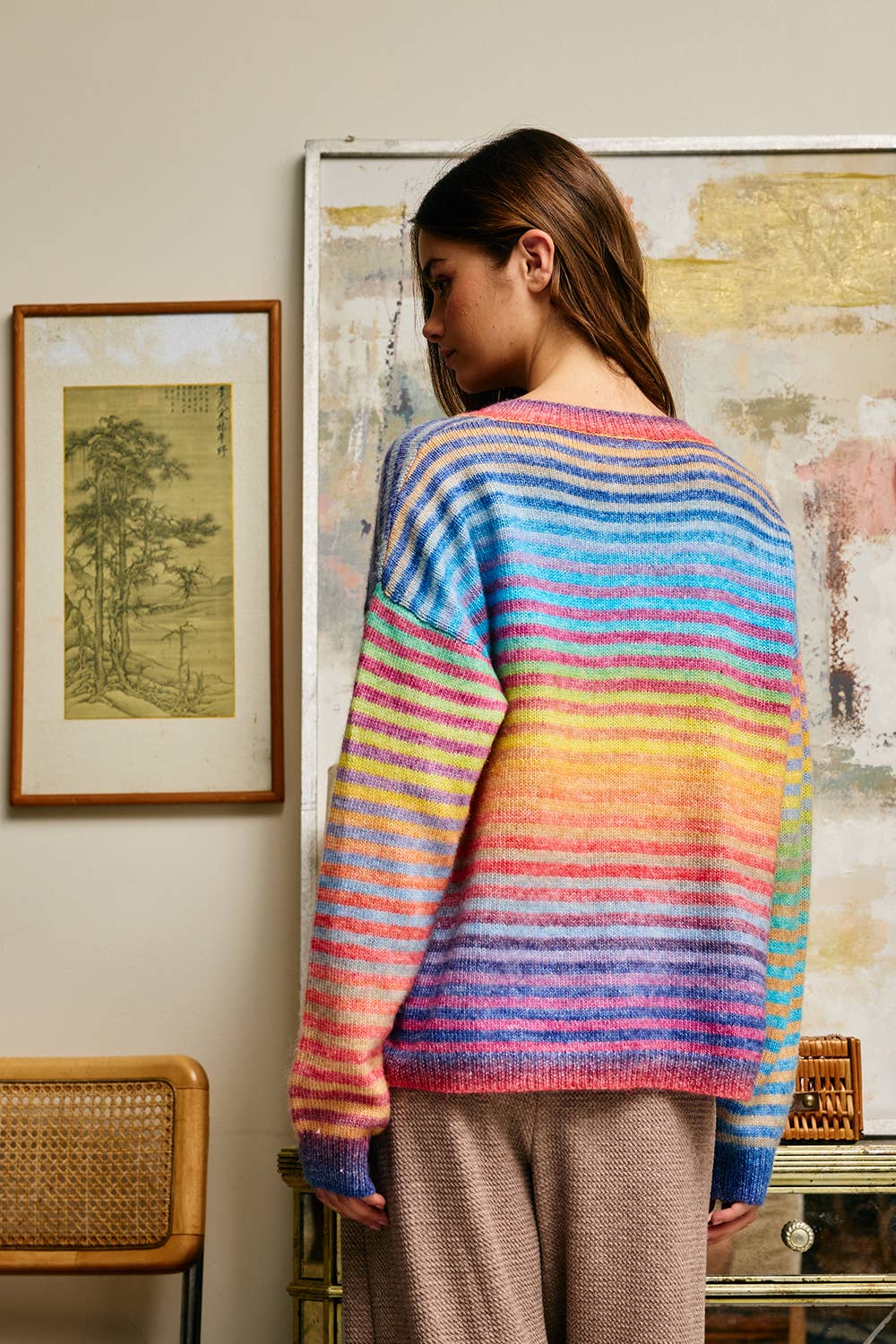 A New Arrival Space-Dye Striped Button-Down Cardigan: RAINBOW