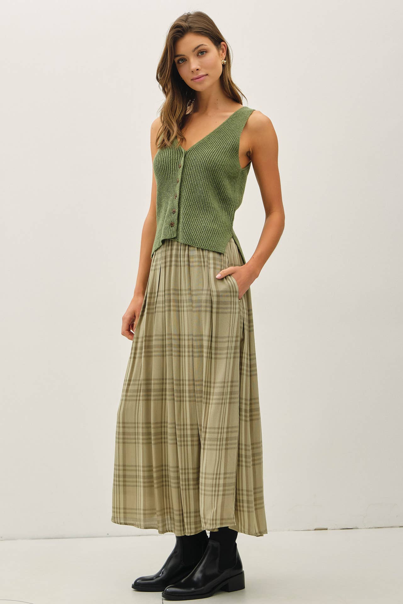 PLAID PRINTED PLEATS MIDI SKIRT : SPRUCE
