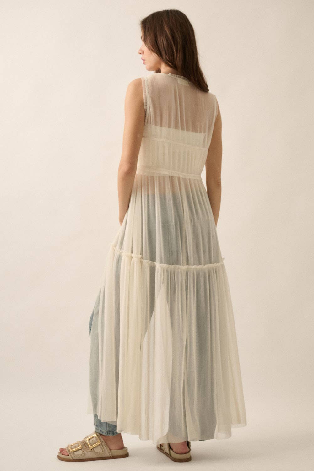 A New Arrival                 Sheer Tulle Ruffled Tie-Front Layering Maxi Top: Off White