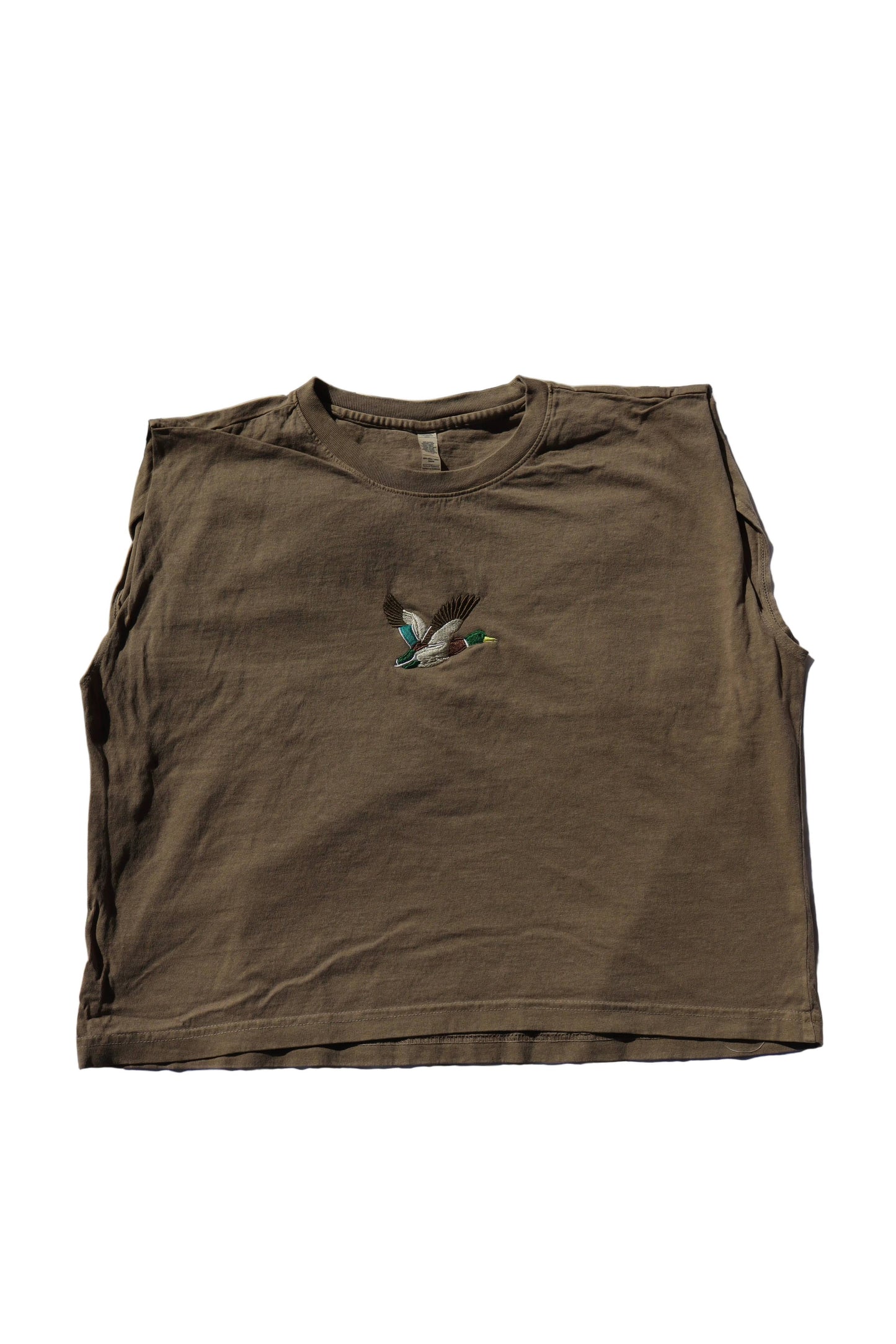 A New Arrival Embroidered Mallard Duck Cropped Muscle Tee, Tank Top, Crop Fit, Unisex, Adult: FADED BROWN
