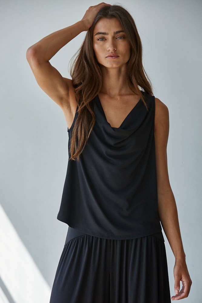 A New Arrival Knit Polyester Spandex Sleeveless Cowl Neck Top: Black