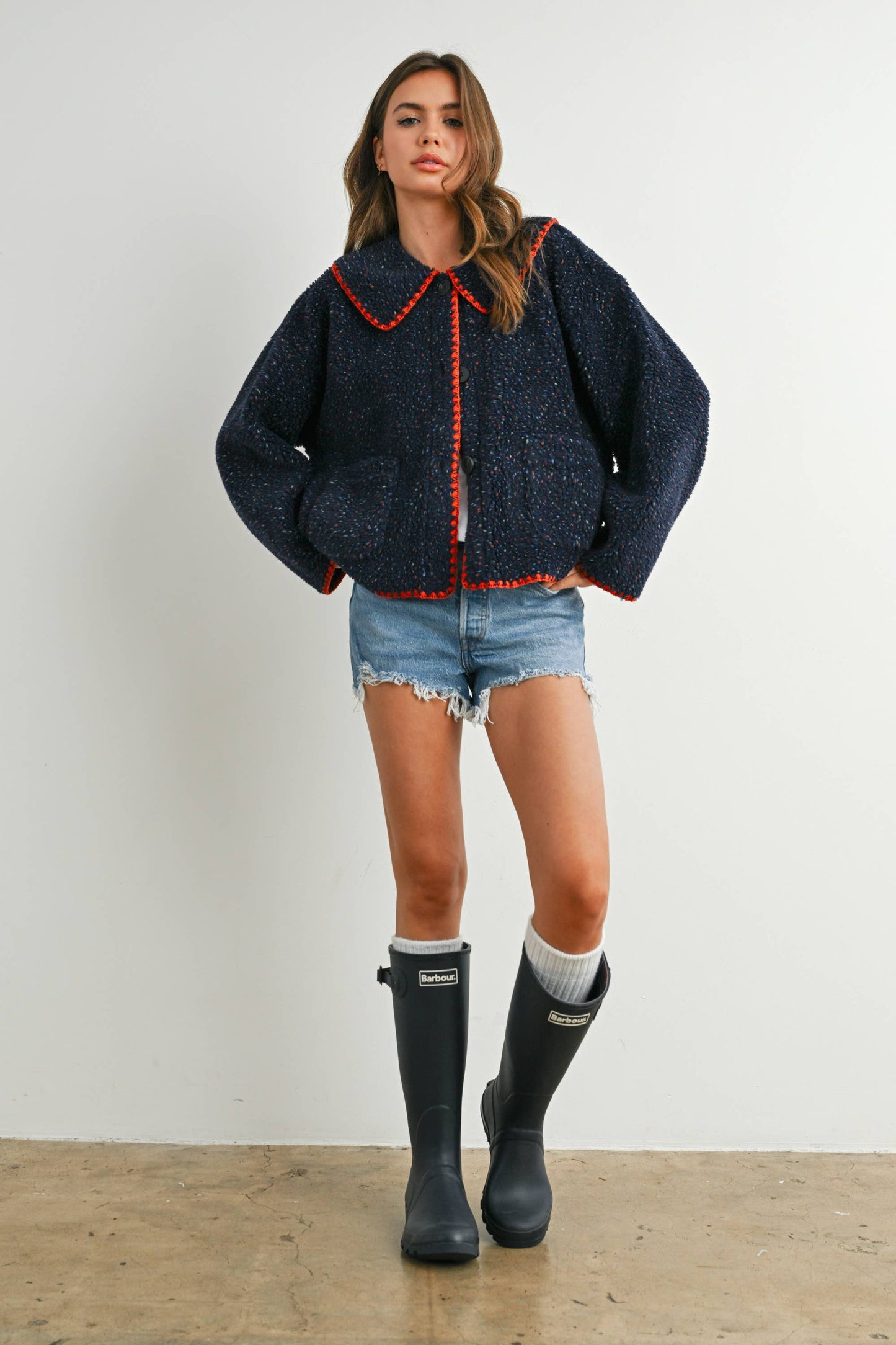 Buttoned Fleece Puffer Jacket : NAVY MULTI