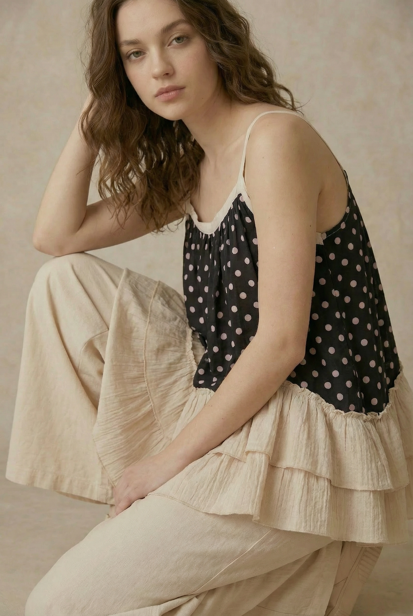 A New Arrival Polka Dot  Layered Tunic: Black
