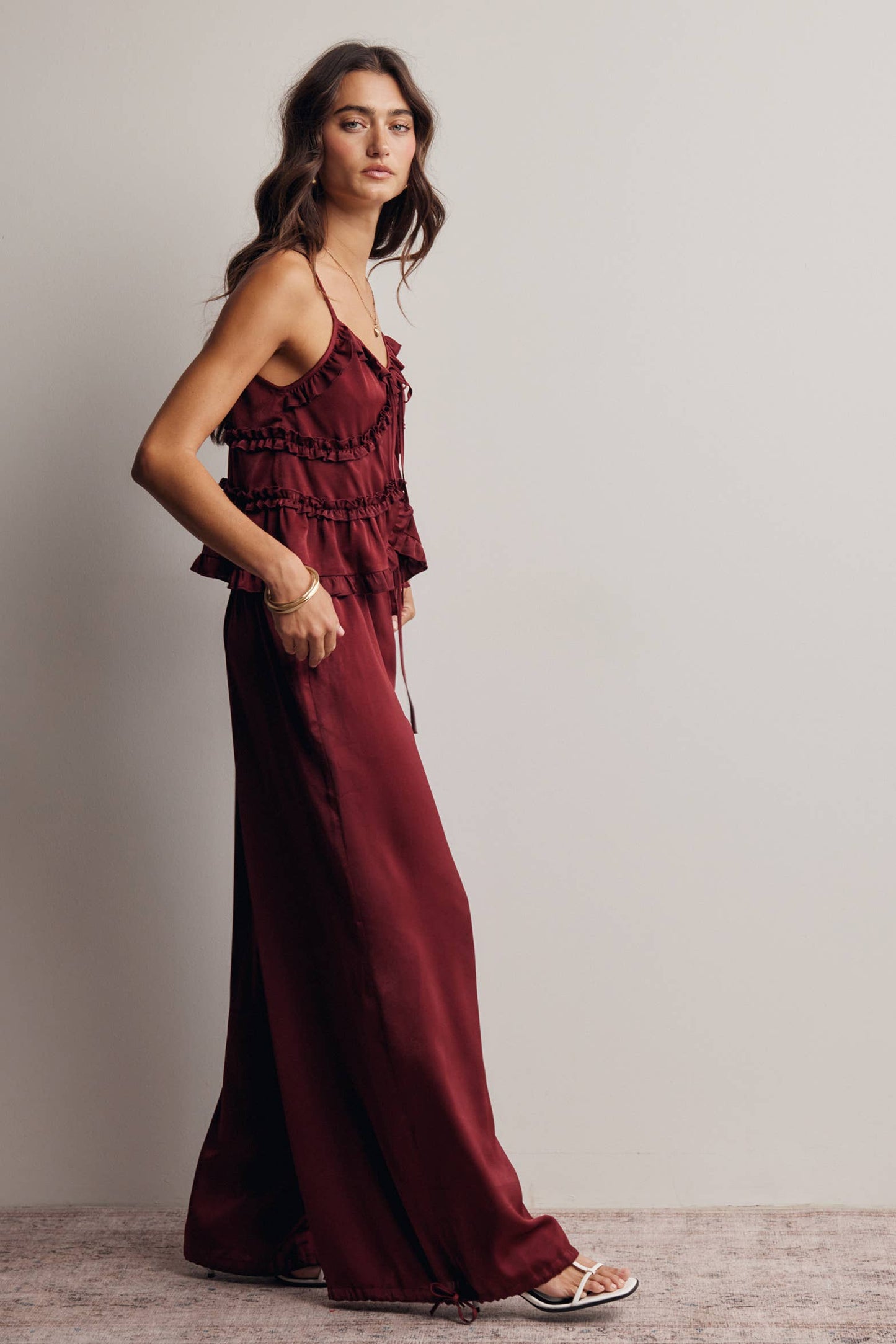 A New Arrival Ruffle Trim Tie Front Cami Top: Burgundy / Contemporary