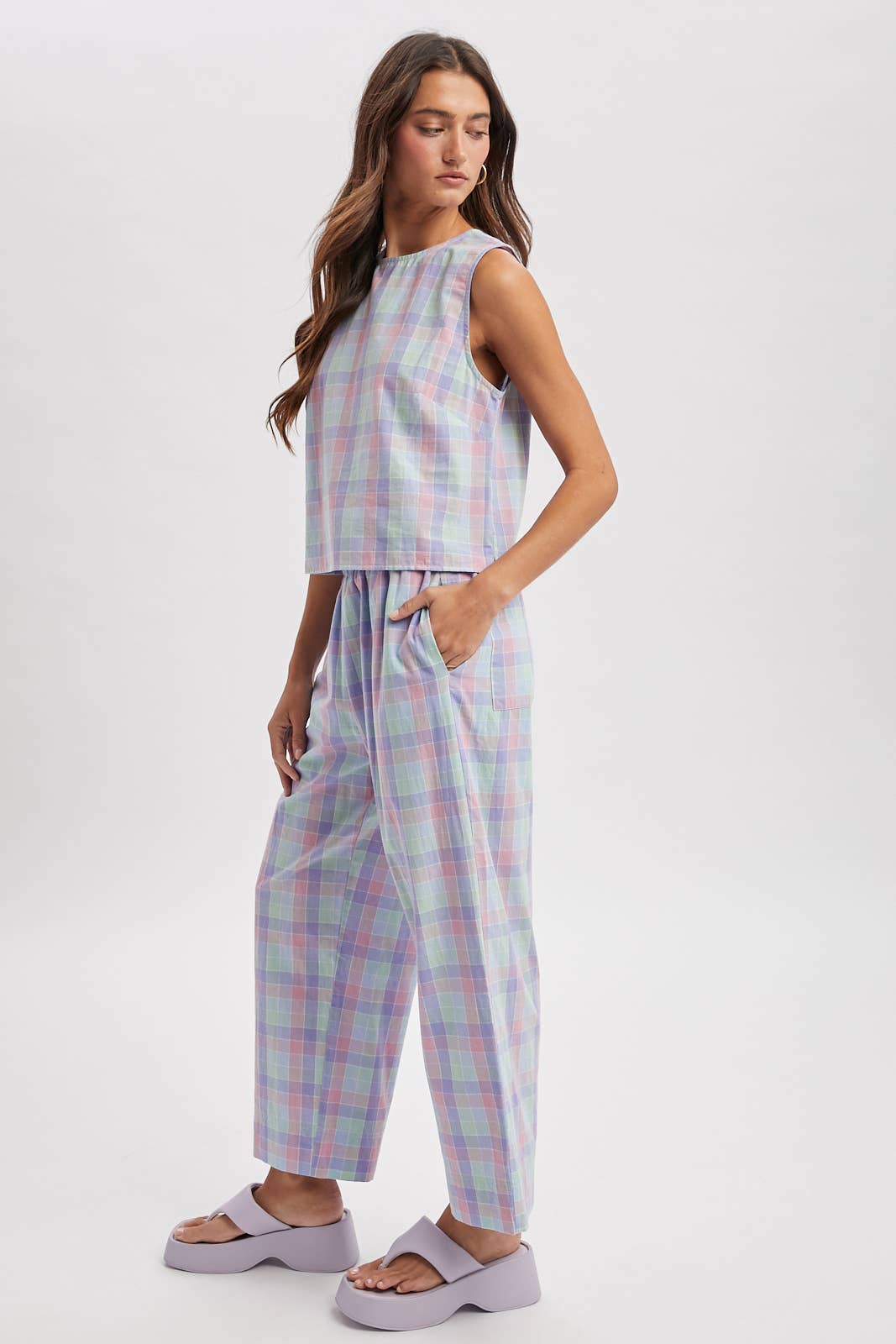 A New Arrival: MULTI-PLAID TOP AND PANTS SET / BLUE/MINT