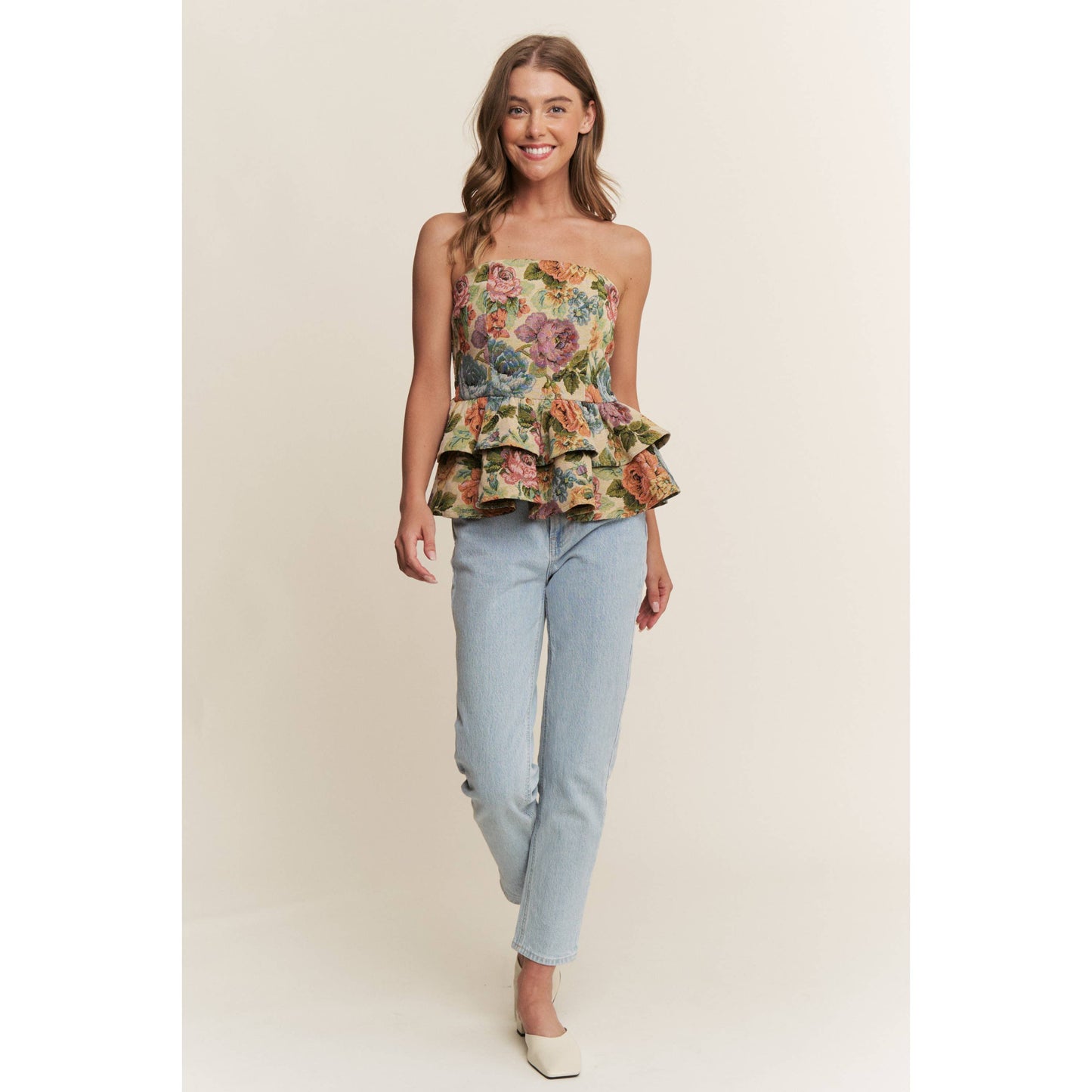 A New Arrival VINTAGE FLORAL PRINT WOVEN PEPLUM TIERED TUBE TOP: Blossom