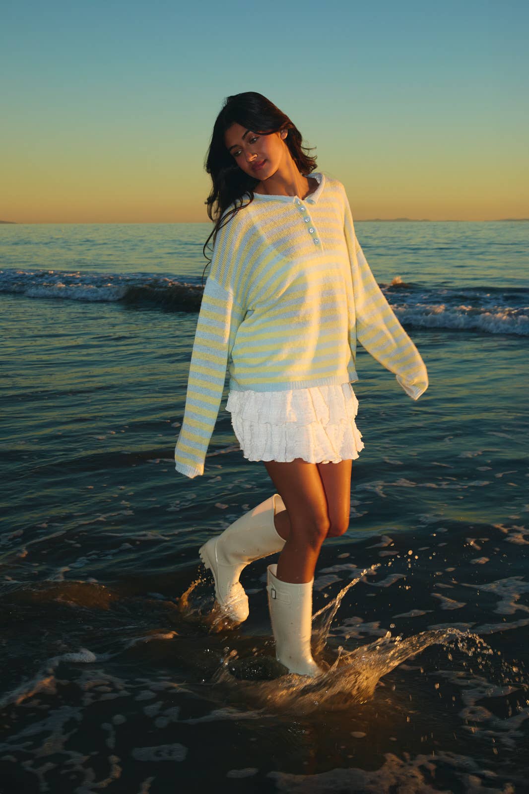 A New Arrival                 LONG SLEEVE ROLLED HEMLINE DETAIL STRIPE HALF BUTTON SWEATER: BLUE-YELLOW STRIPE