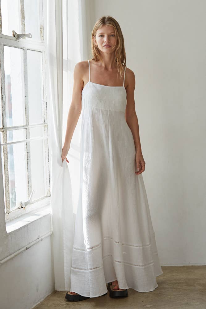 A New Arrival Woven Cotton Tube Neck Maxi Dress With Back Smocking: White
