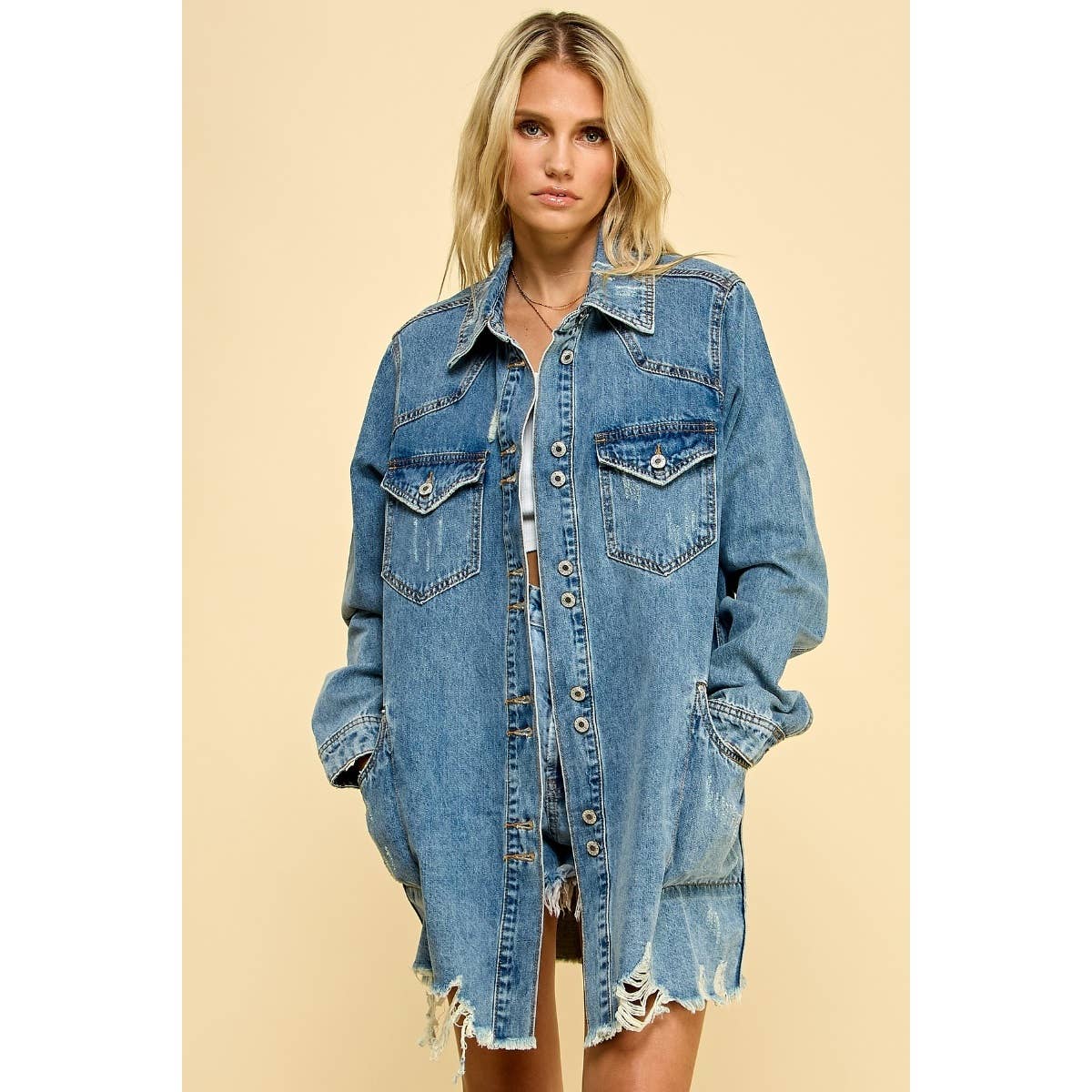 A New Arrival Medium Washed Denim Western Shirts Jacket: Medium Wash