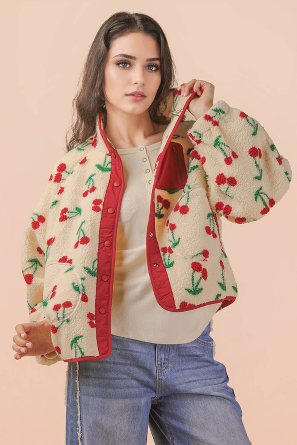 Cherry Printed Fleece Oversized Jacket: IVORY CHERRY