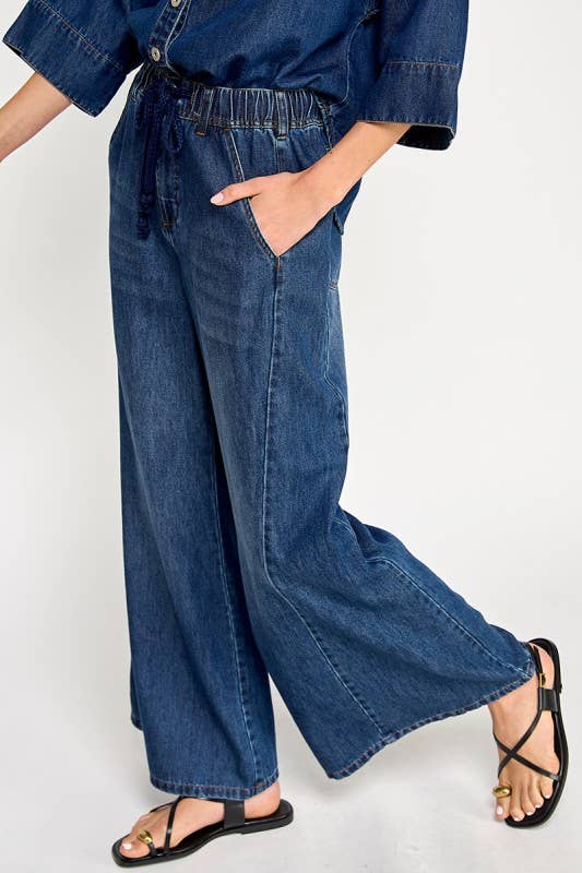 DRAWSTRING WIDE DENIM PANTS: Denim Blue