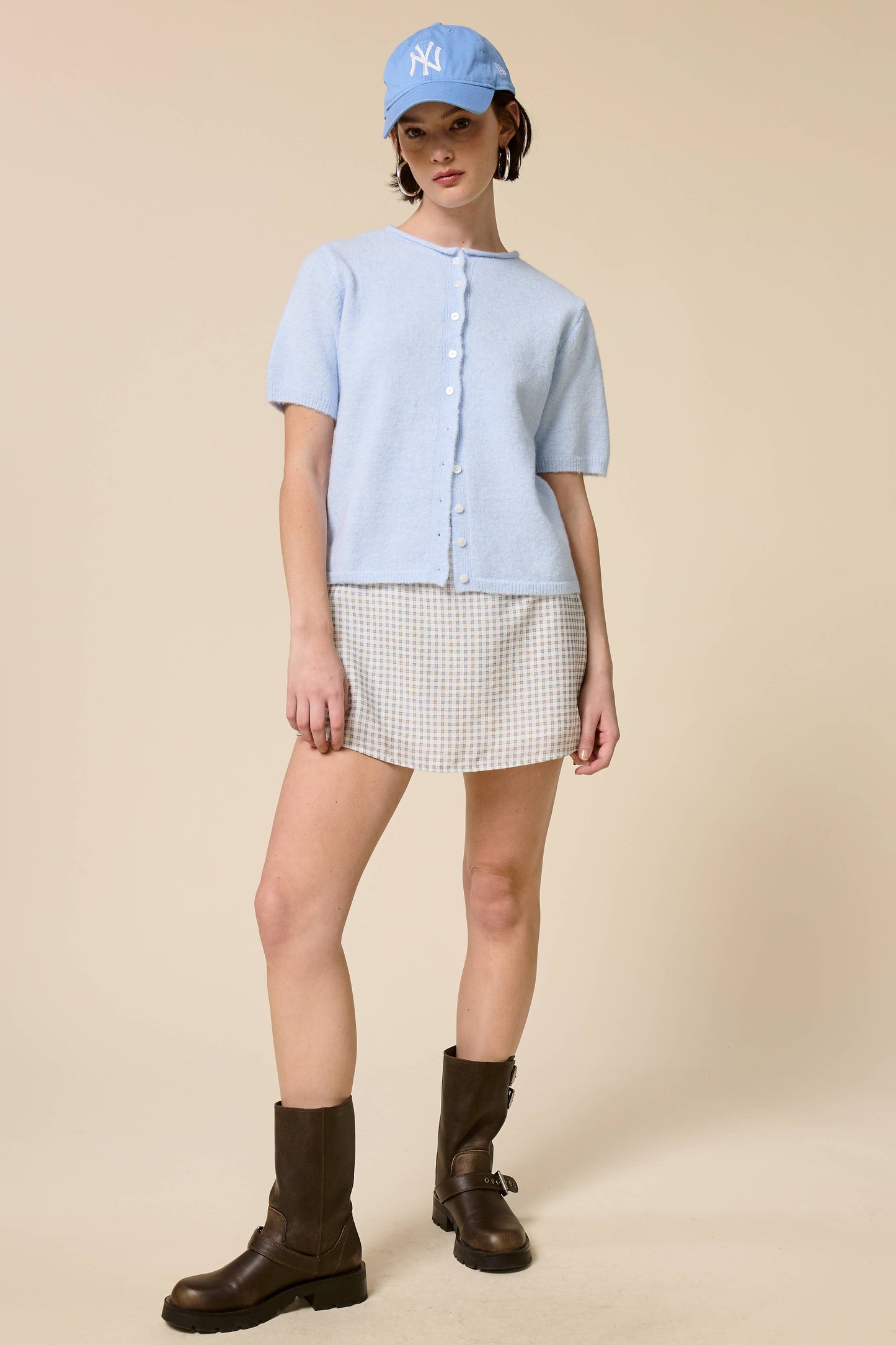 A New Arrival Short Sleeve Button Down Cardigan Top: Baby Blue