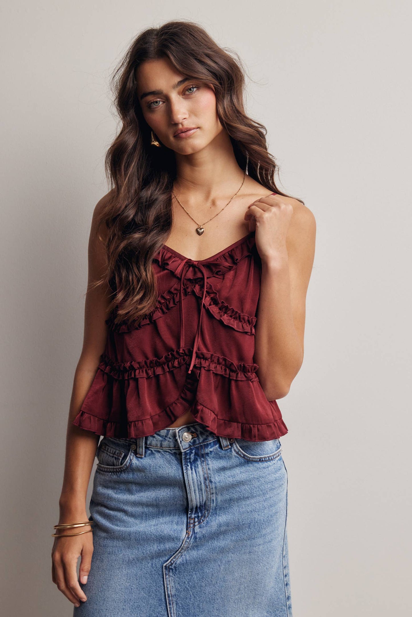 A New Arrival Ruffle Trim Tie Front Cami Top: Burgundy / Contemporary