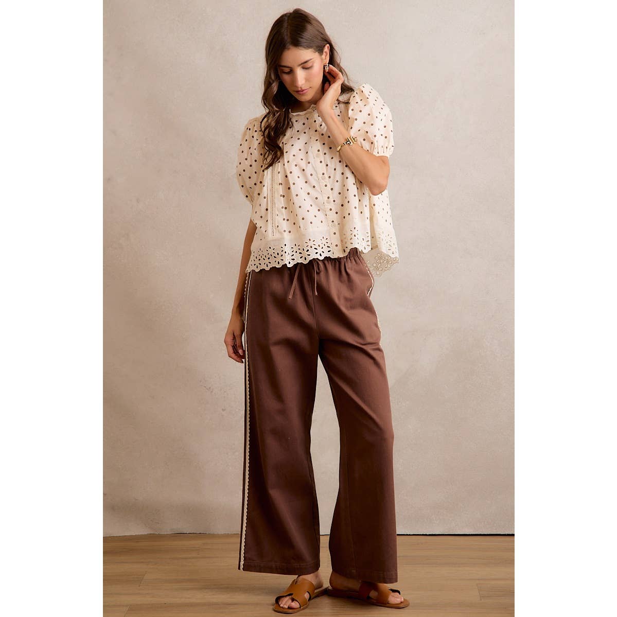 A New Arrival SIDE LACE TRIM COTTON DENIM WIDE LEG PULL ON PANTS: BROWN