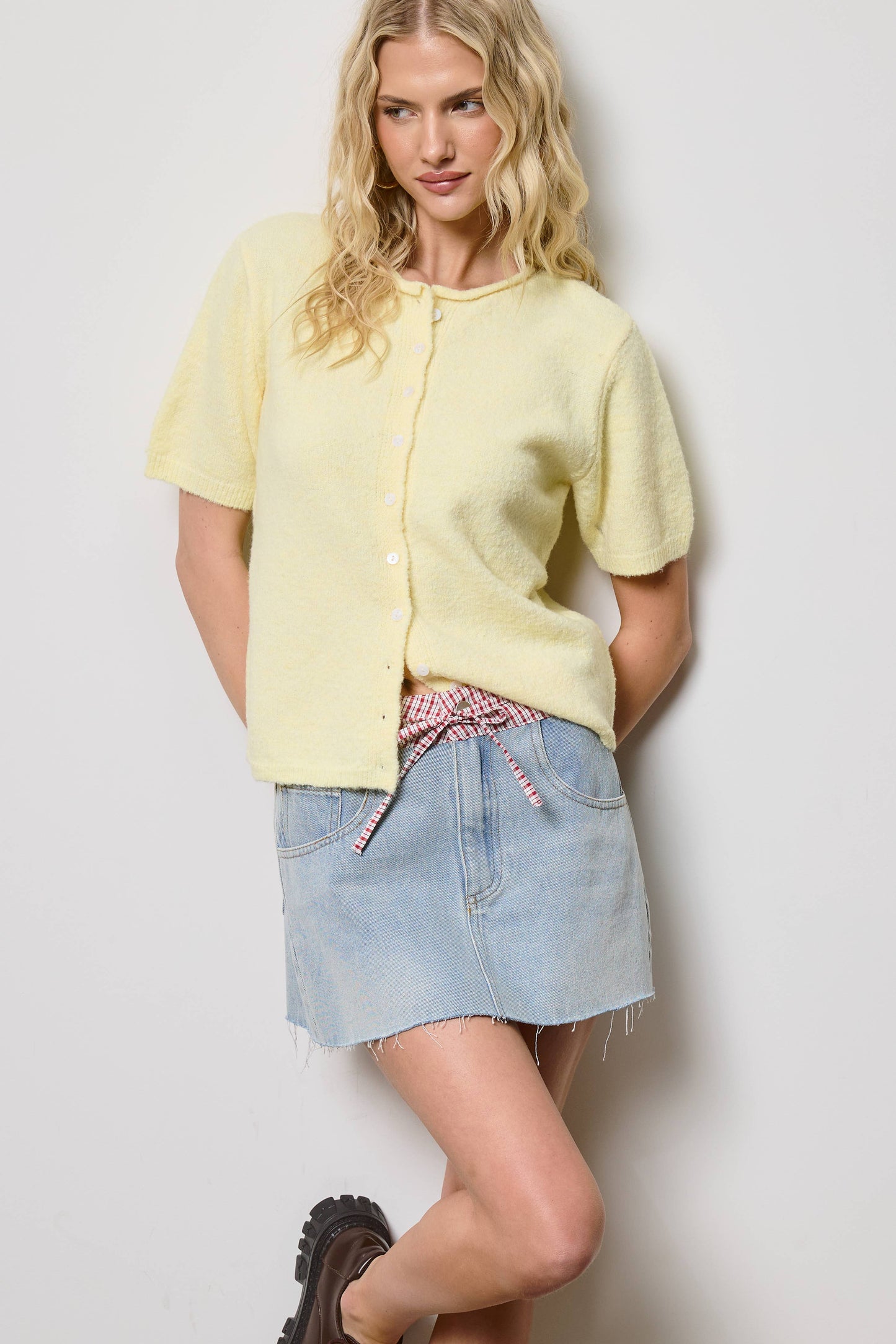 A New Arrival Short Sleeve Button Down Cardigan Top: Butter